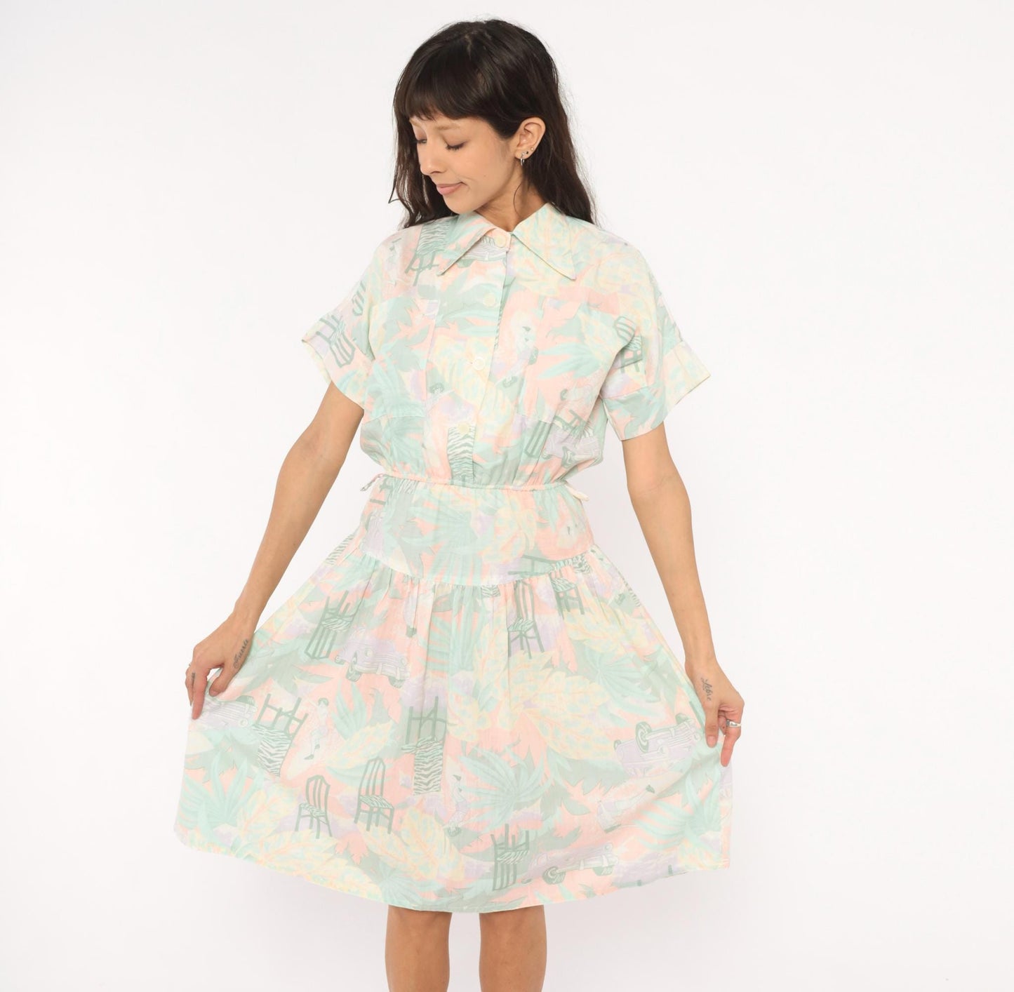 80s 3 Star Novelty Print Shirt Dress Pink Teal Knee-Length Small