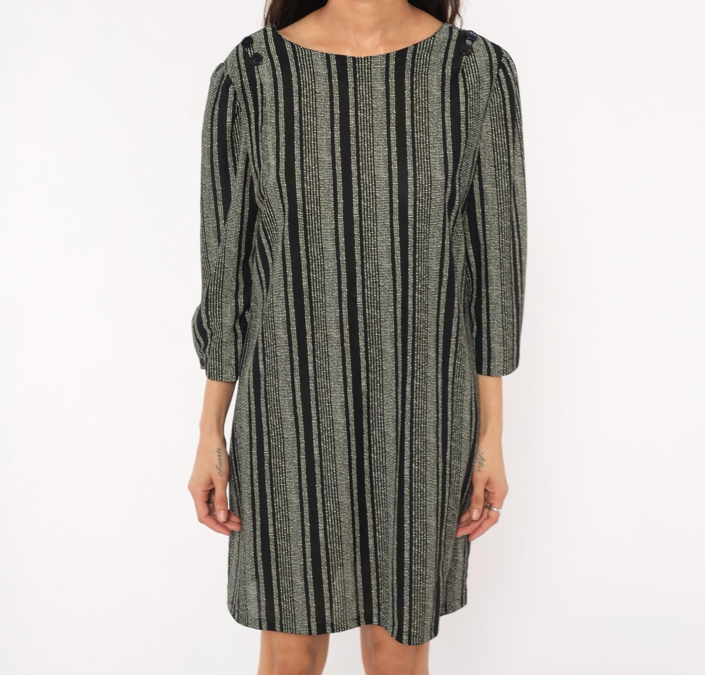 70s Zoey T Black White Striped Shift Dress Boat Neck Button Back Large