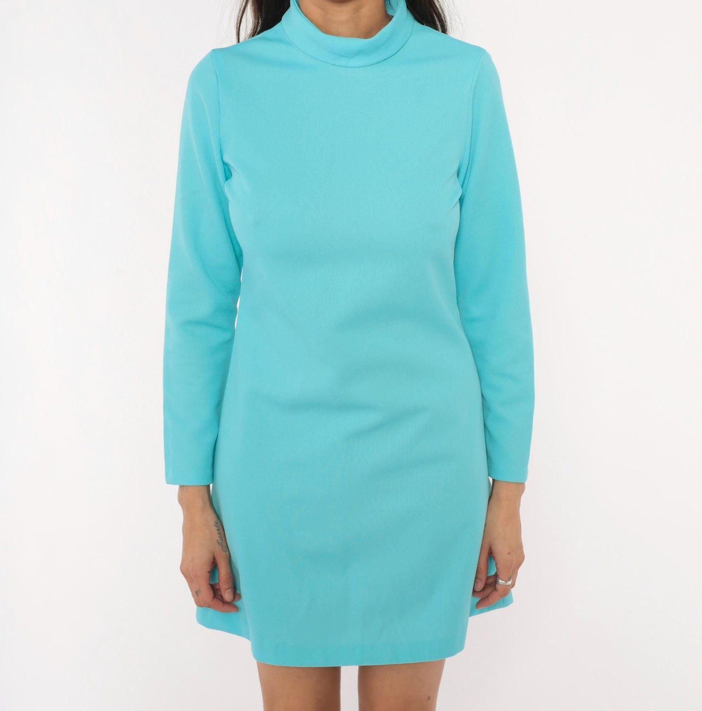 70s Aqua Mock Neck Mini Dress Long Sleeve Shift Turquoise Small
