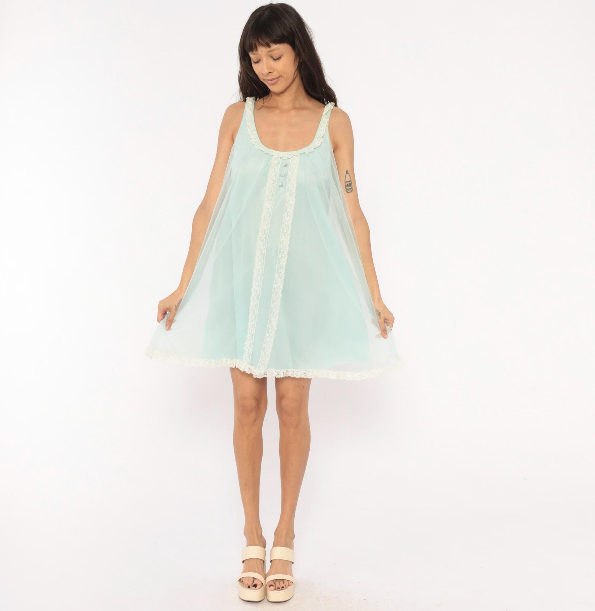 70s Seafoam Babydoll Nightgown Lace Trim Sheer Chiffon Mint Green Mini Medium