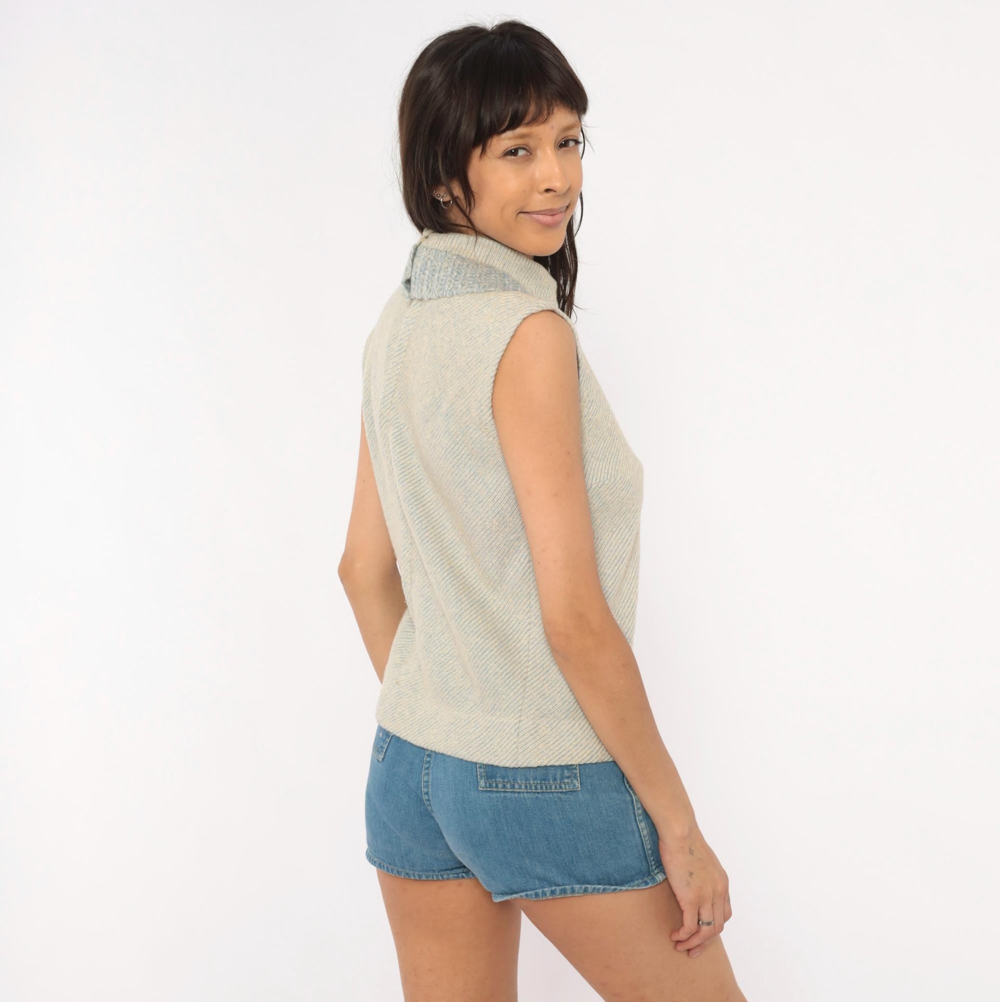 60s Gino Faves Wool Sleeveless Knit Vest Mock Neck Grey Cream Small S