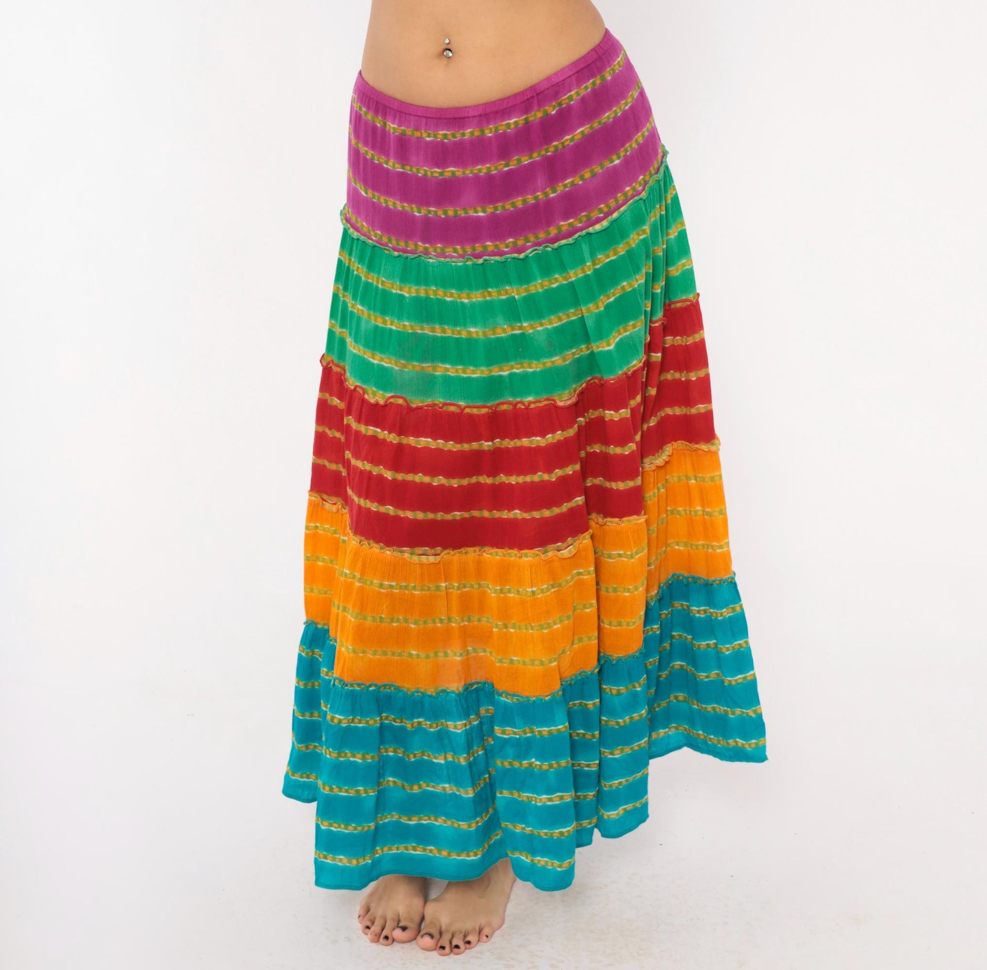 90s Rainbow Broomstick Maxi Skirt Tiered Striped Cotton Crinkled Extra Large XL