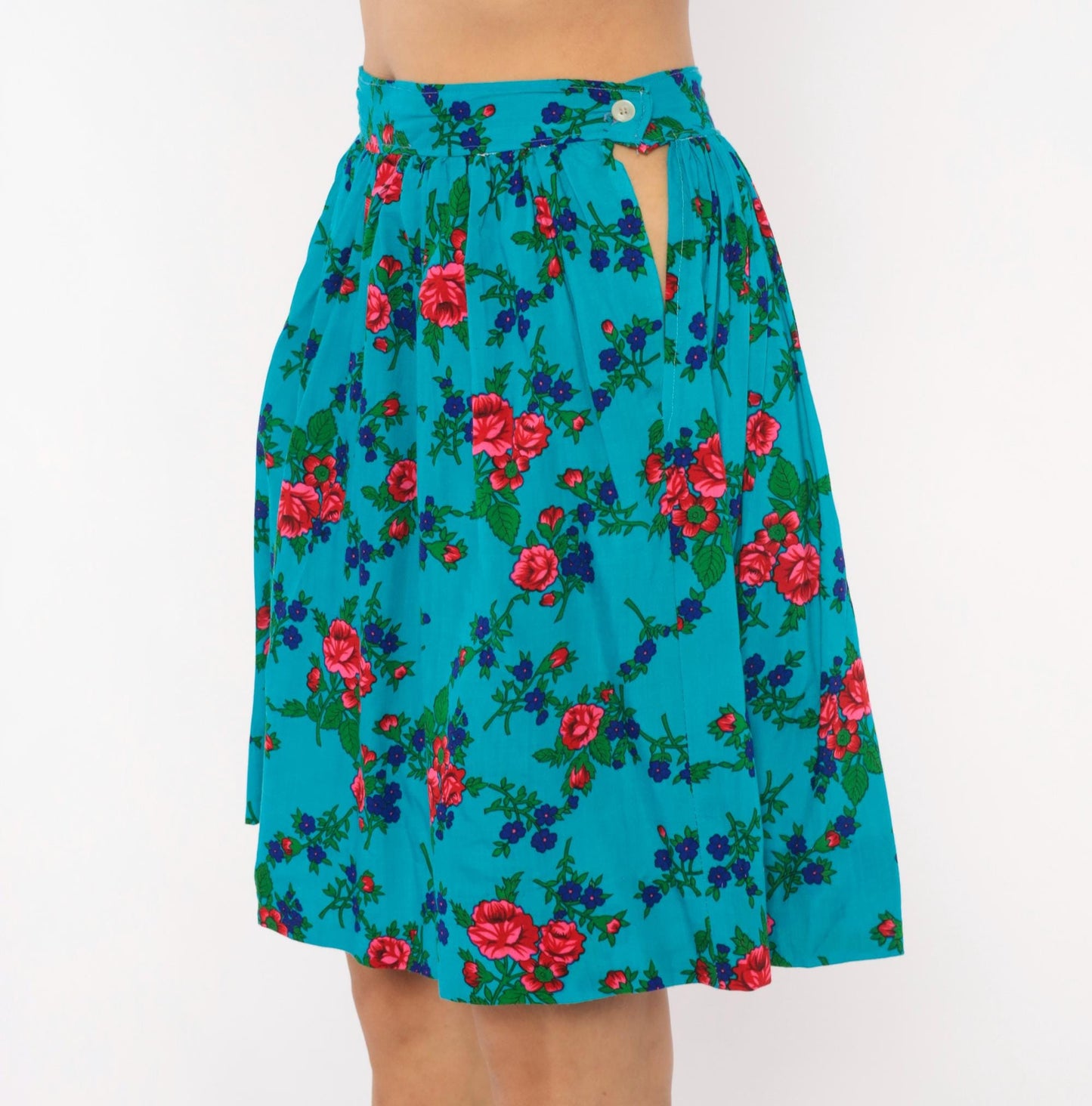70s Teal Floral Cotton Mini Skirt High-Waisted A-Line Button Back Small S