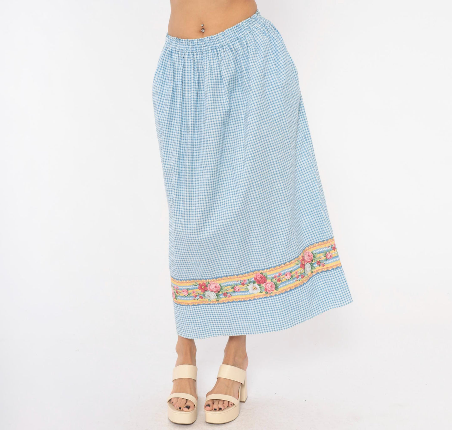 80s Vera Bradley Gingham Cotton Maxi Skirt Blue White Floral Border Small Medium