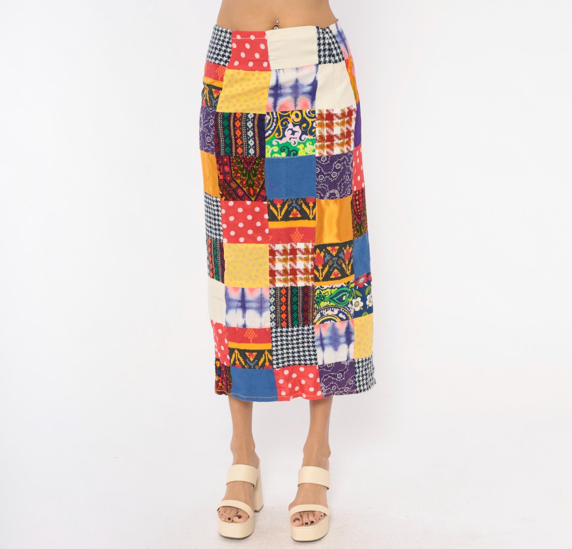 70s Patchwork Midi Skirt Quilted Multicolor High Waist Pencil Small