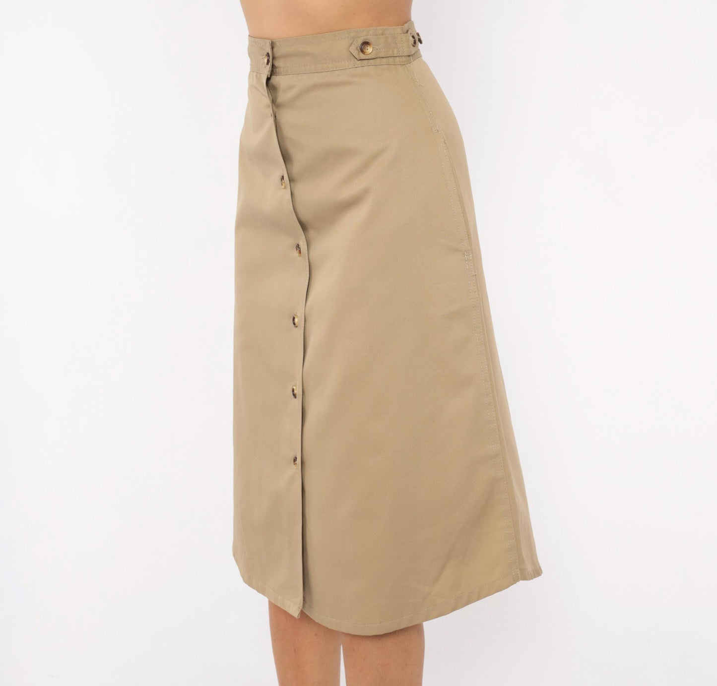 80s Bear It Khaki A-Line Midi Skirt Button Front Cotton Tan Small S