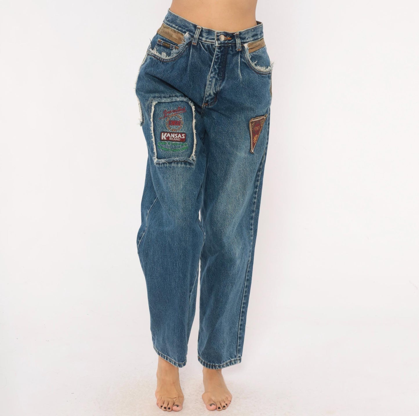 90s Kansas Brand Patchwork Denim Jeans High-Waisted Tapered Blue Suede Trim Small