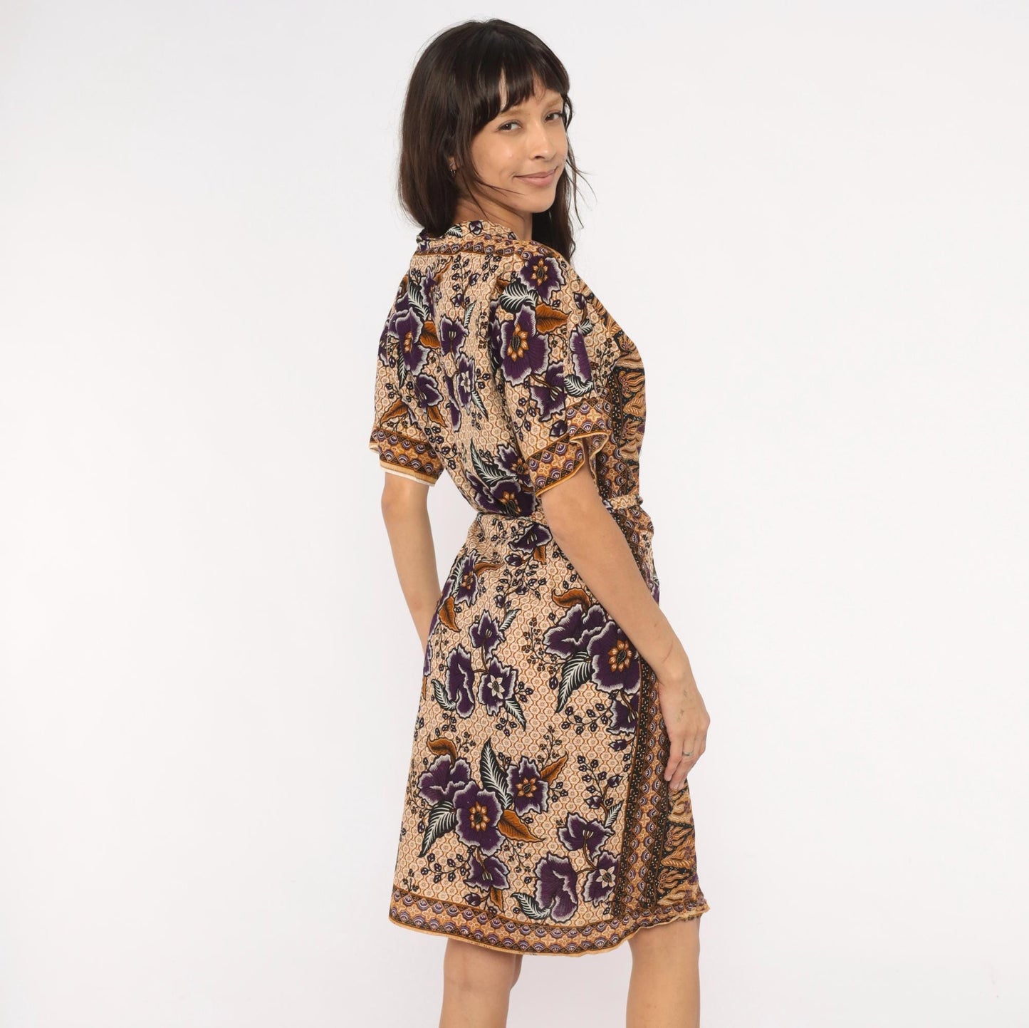 90s Batik Keris Wrap Dress Purple Mustard Floral Kimono Sleeve Small