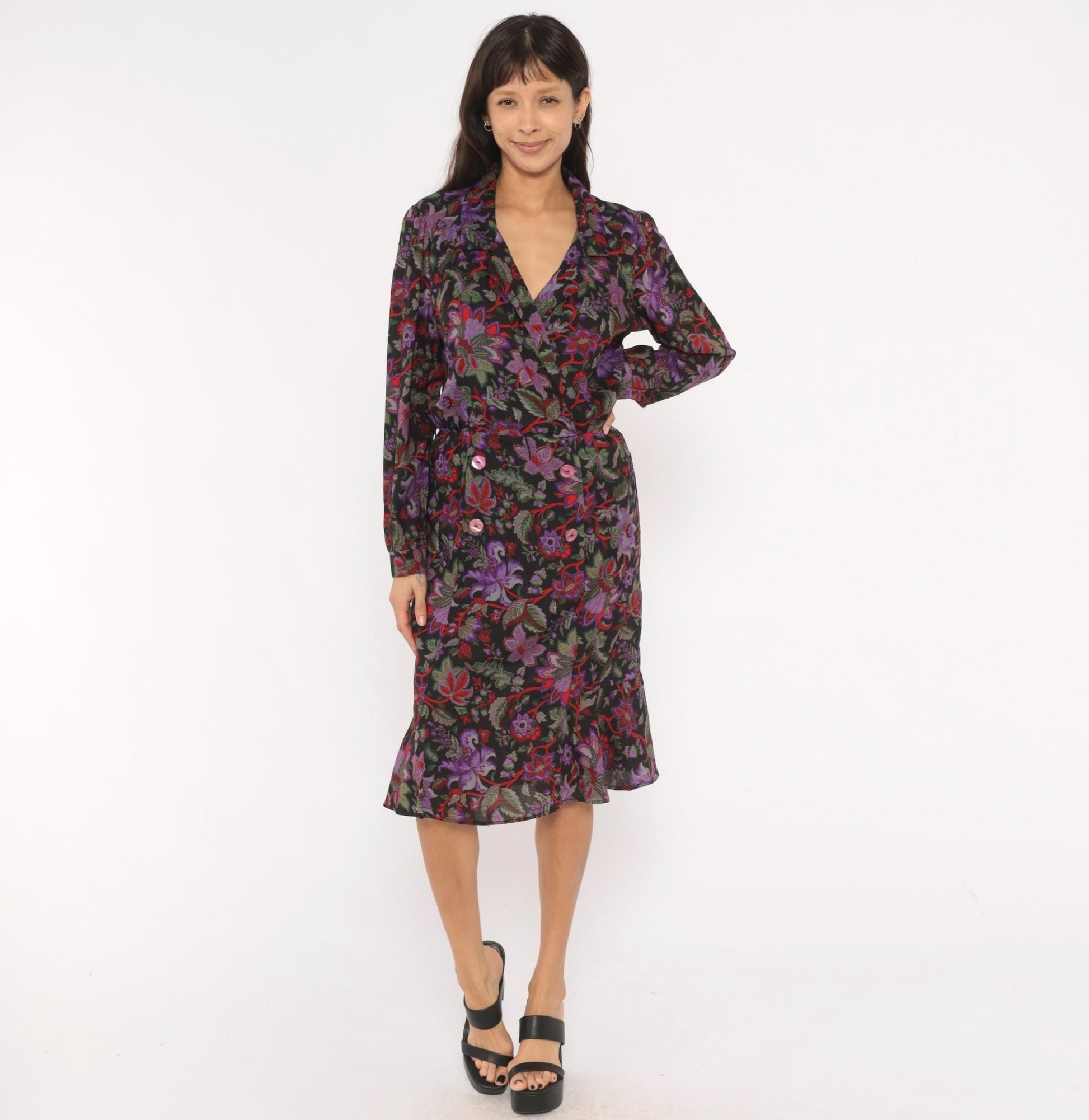 90s Breli Originals Floral Wrap Dress V Neck Long Sleeve Black Purple Small