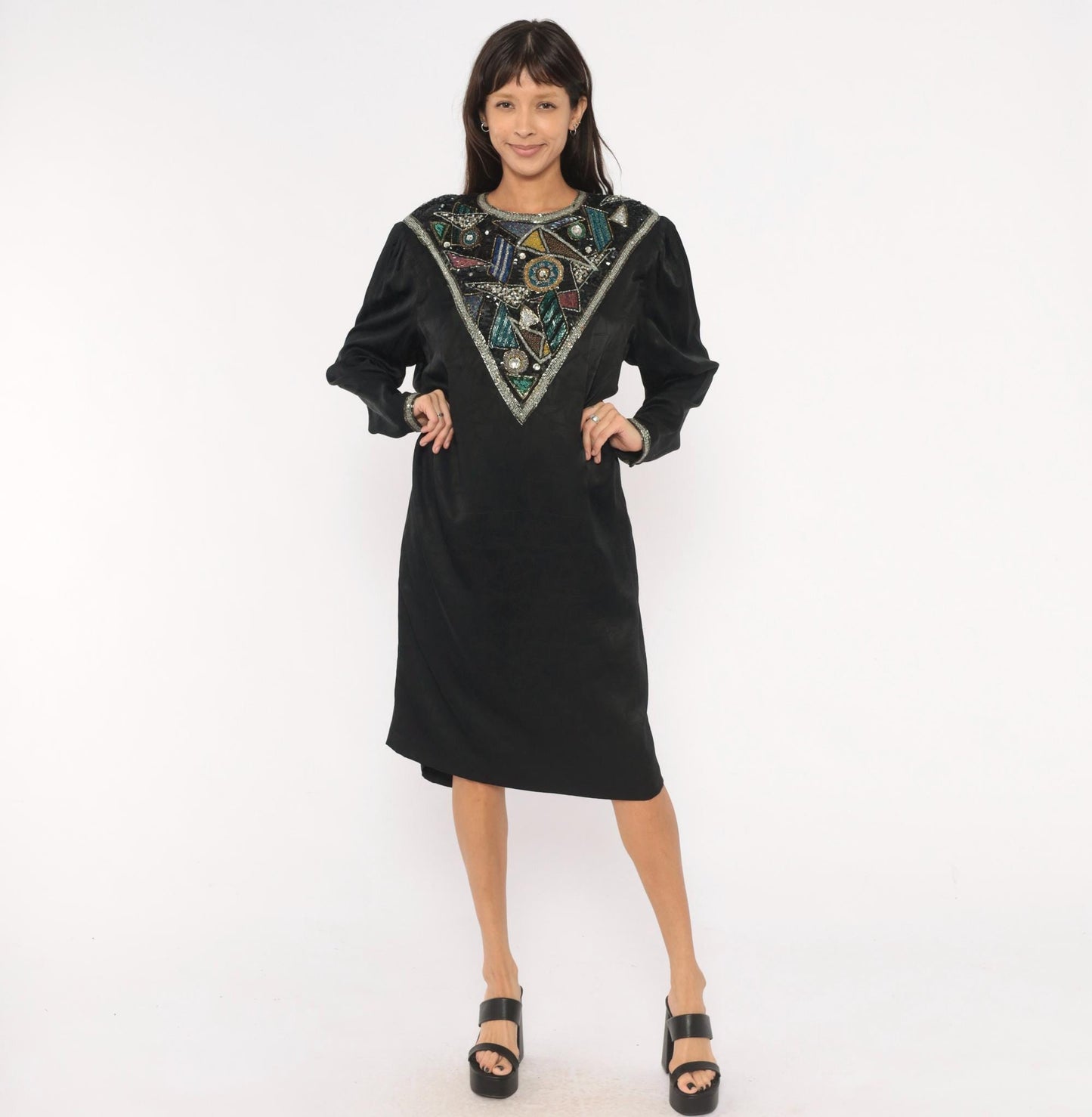 90s D'Ore Black Silk Beaded Shift Dress Geometric Sequin Bib Large L