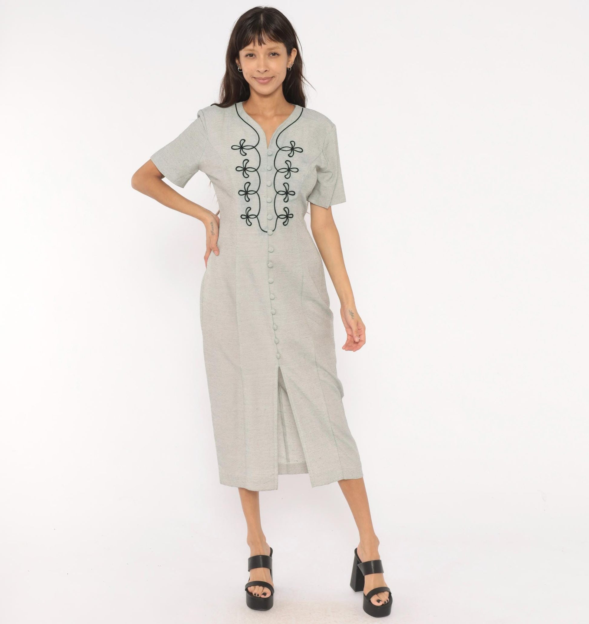 90s DJI Grey Midi Dress Soutache Embroidered Button Front V Neck Medium M