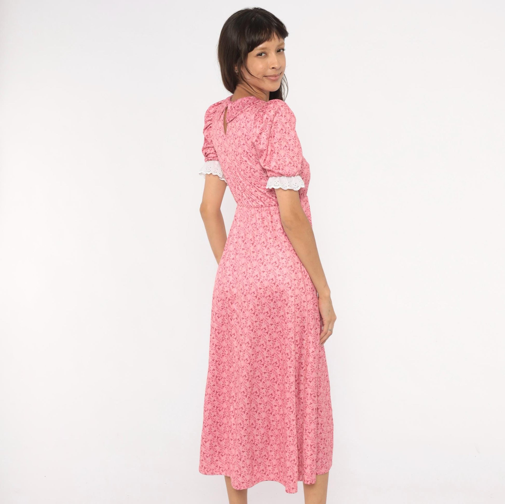 Y2K Pink Floral Midi Dress Puff Sleeve Peter Pan Collar Eyelet Lace Small S