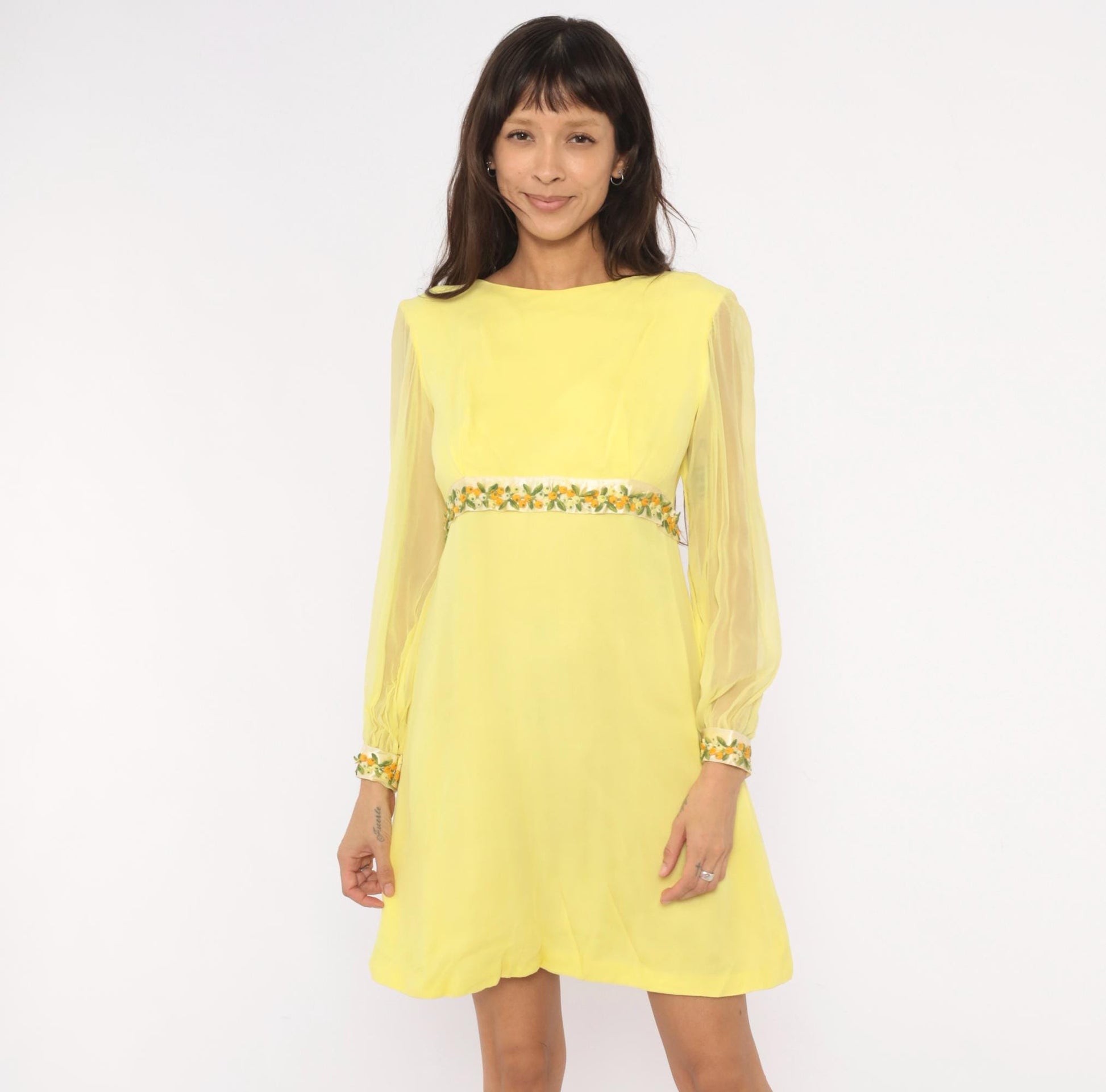 1960s Yellow Chiffon Empire Waist Mini Dress Embroidered Floral Small