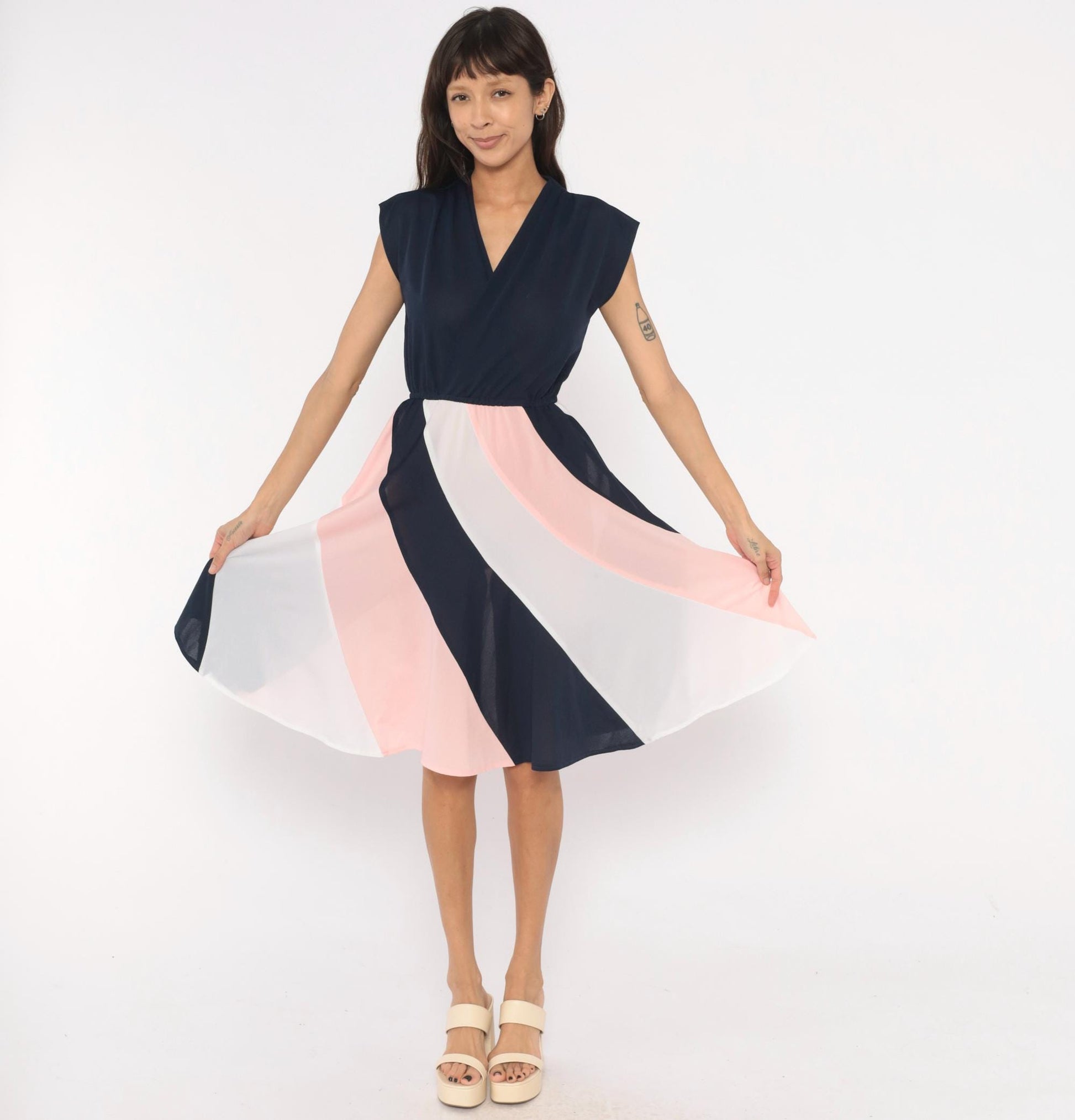 70s Navy Colorblock Sundress Pink White Diagonal Stripe Knee-Length Medium