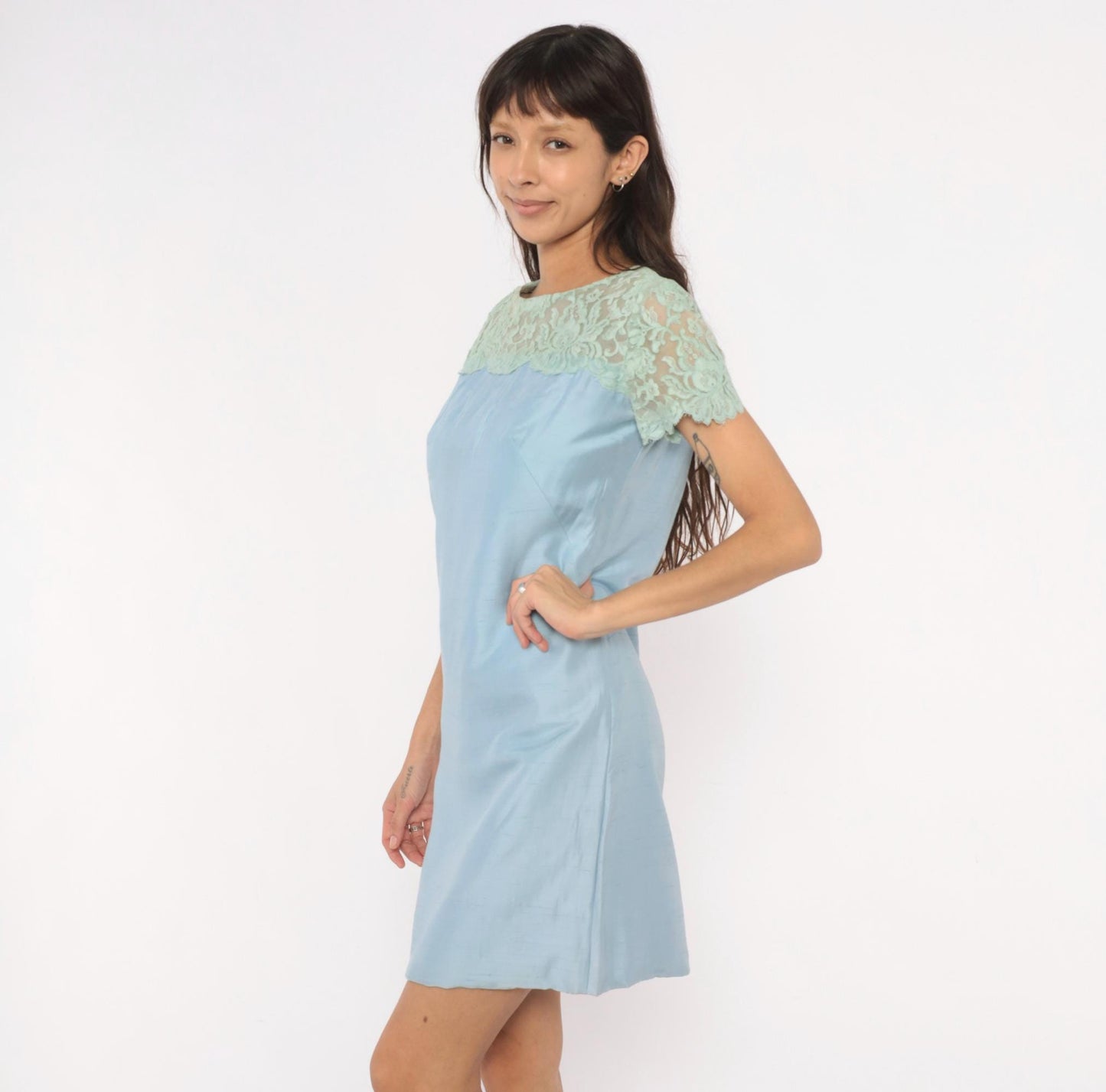 1960s Country Miss Mint Lace A-Line Shift Dress Powder Blue Small