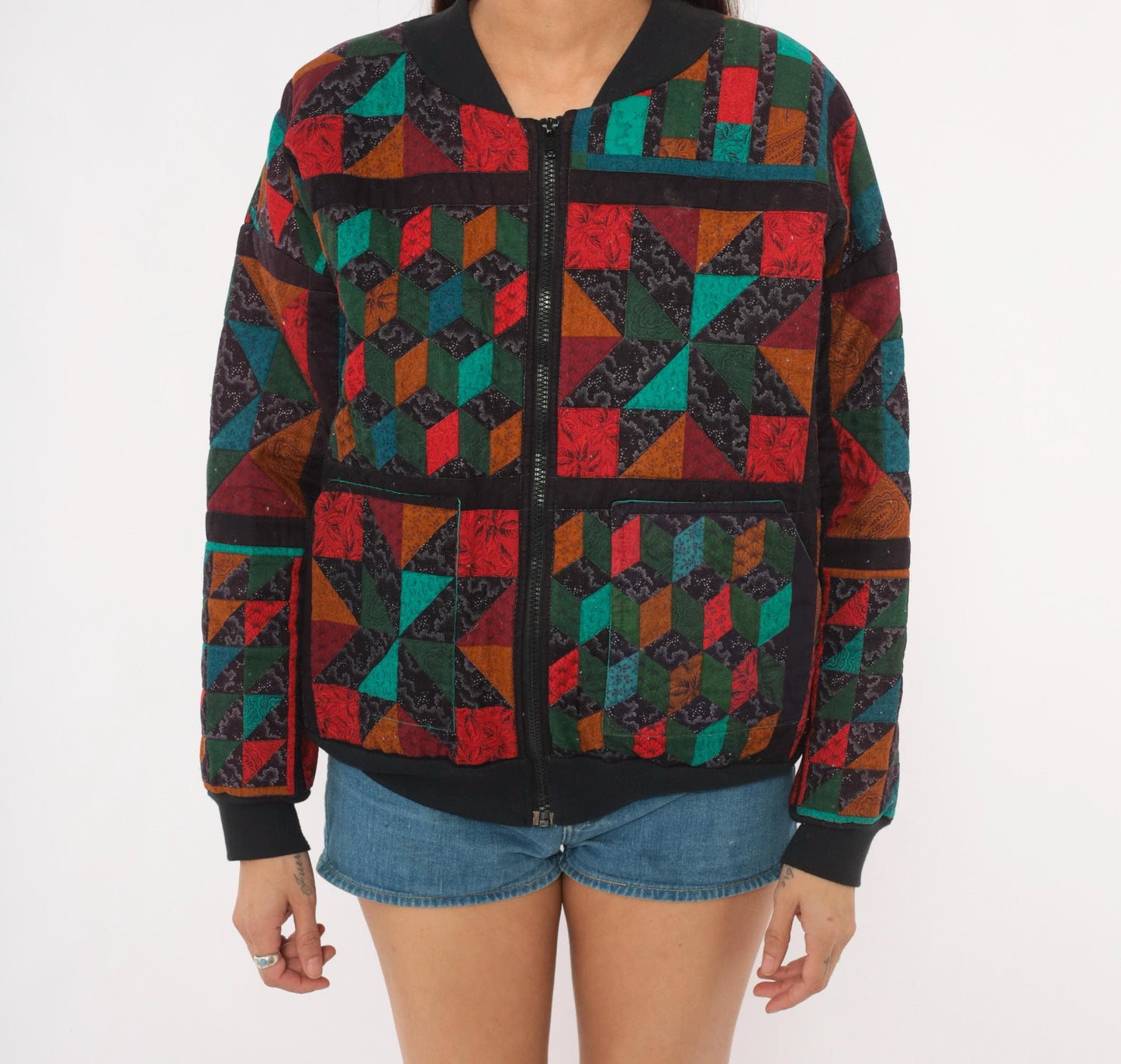 90s Quilted Patchwork Bomber Jacket Geometric Star Block Cotton Multicolor Large L