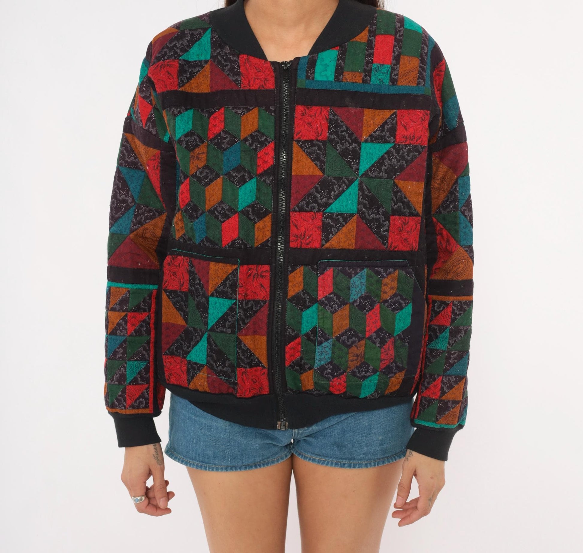 90s Quilted Patchwork Bomber Jacket Geometric Star Block Cotton Multicolor Large L