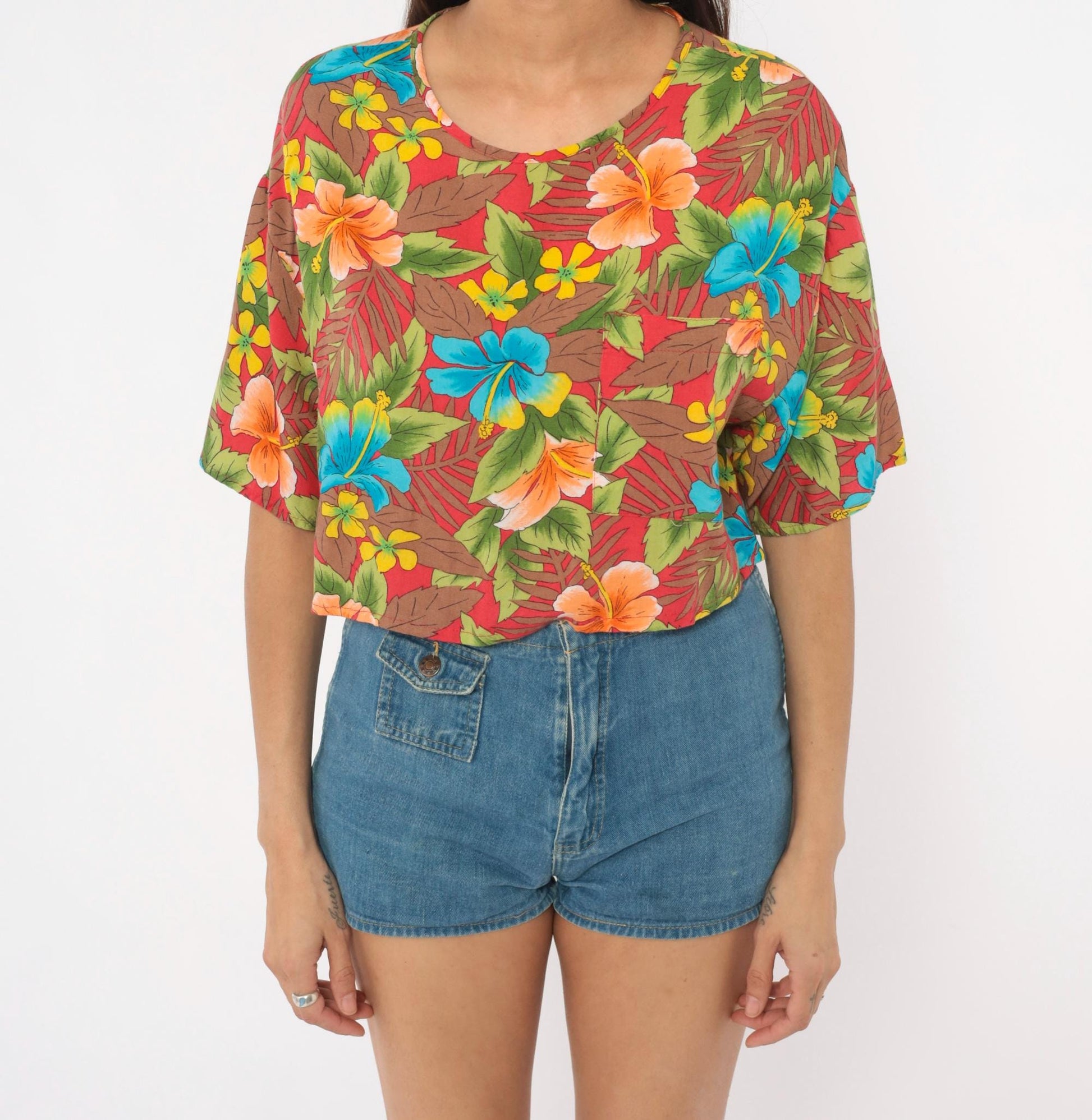 90s California Krush Tropical Hibiscus Crop Top Red Blue Green Medium M