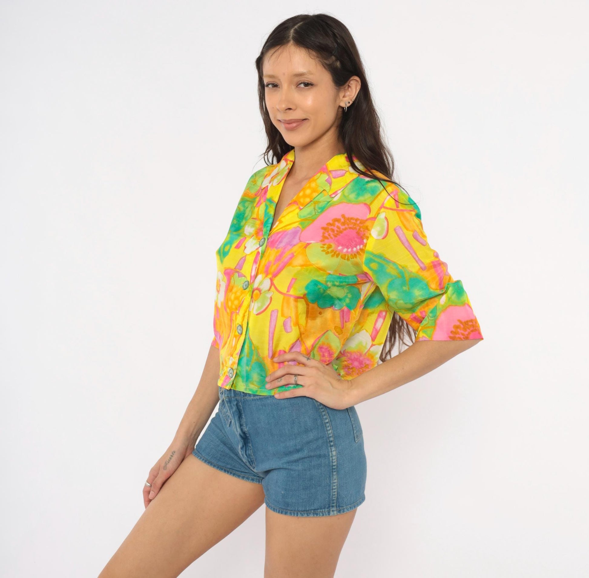 70s Alice Watercolor Floral Button Blouse Yellow Pink Green Small Medium