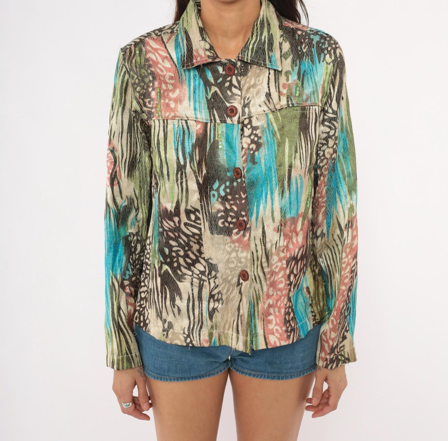 Y2K Sara Studio Animal Print Sequin Blouse Turquoise Olive Medium M