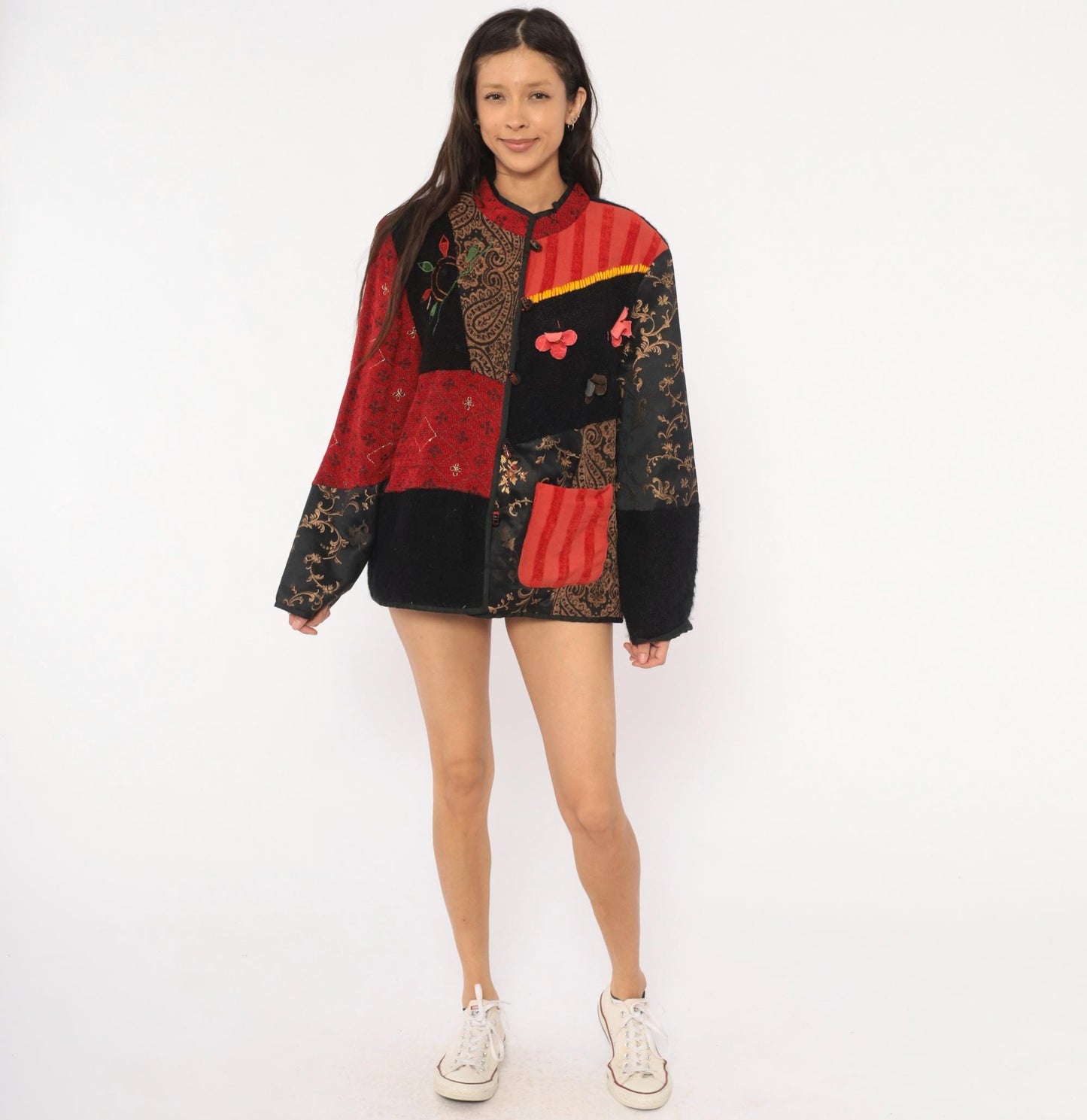 2000s Julia Kin Patchwork Embroidered Jacket Black Red Mandarin Collar Extra Large XL