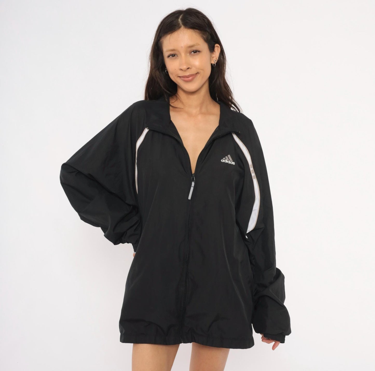 2000s Adidas Black Windbreaker White Stripe Raglan Jacket Plus Size XXL