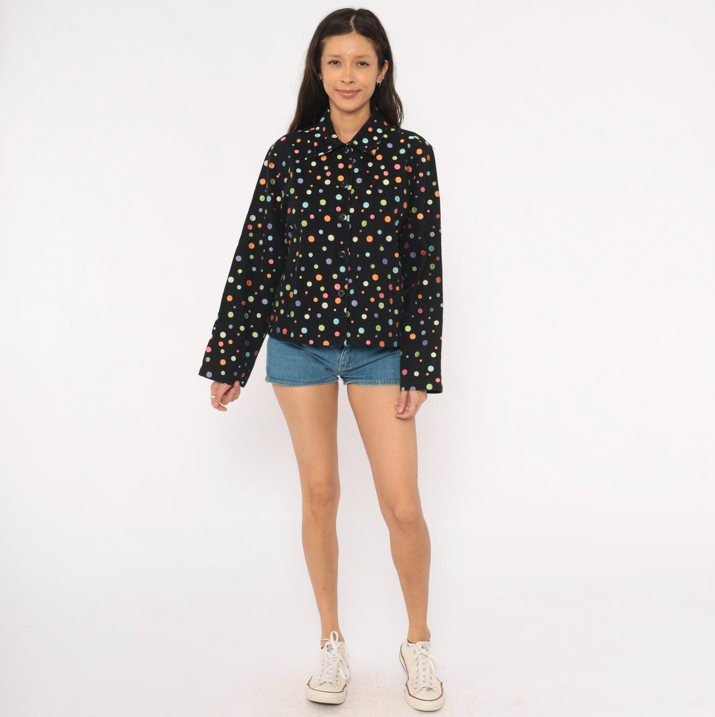 2000s Carrie Allen Polka Dot Cotton Jacket Black Multicolor Button Front Cropped Extra Large