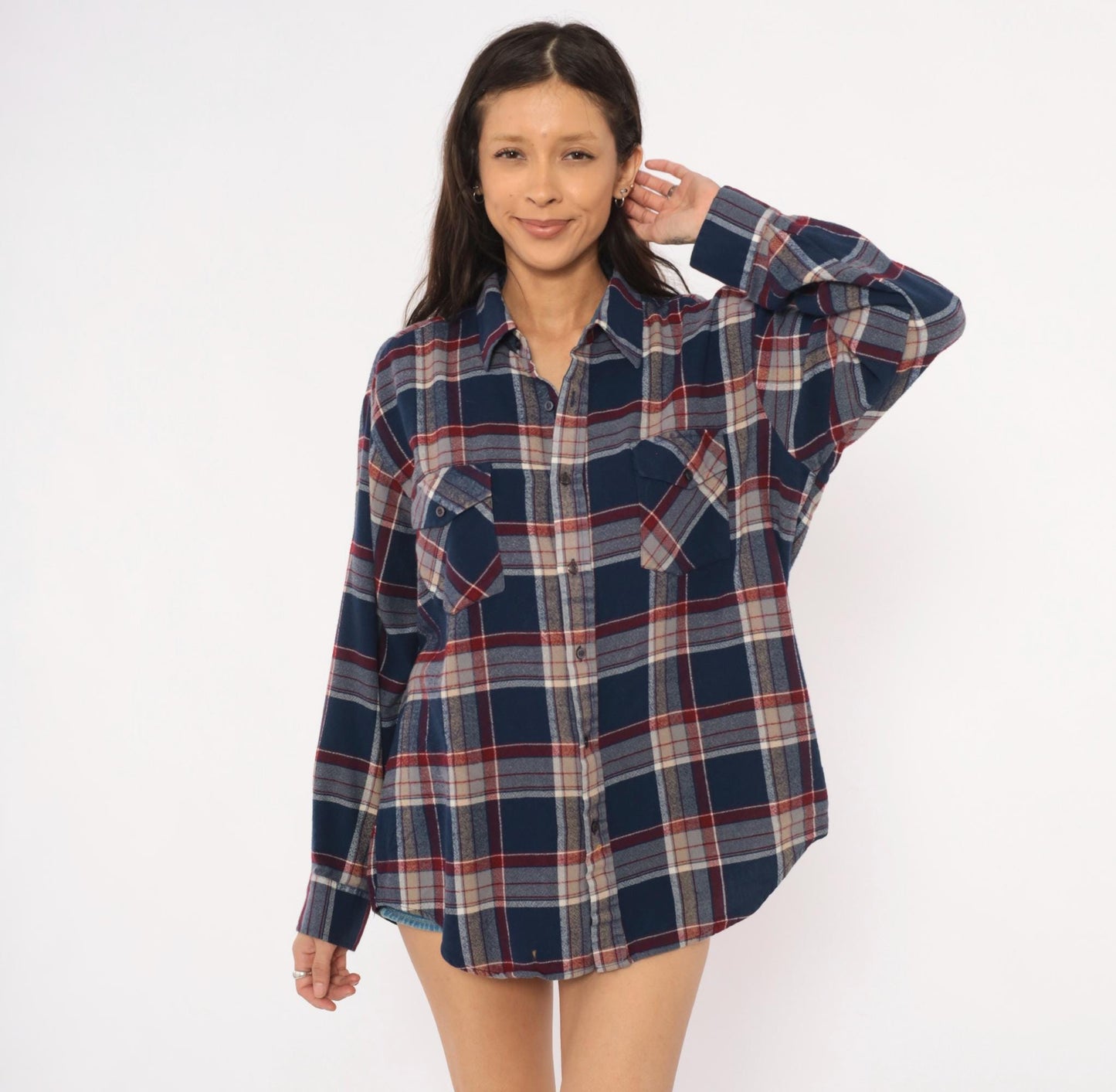 80s B.S.R. Navy Burgundy Plaid Flannel Shirt Point Collar Large L