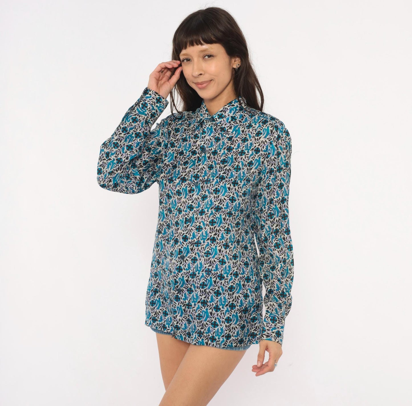 70s Anant & Co Batik Silk Shirt Teal Black Botanical Bird Print Pointed Collar Medium M