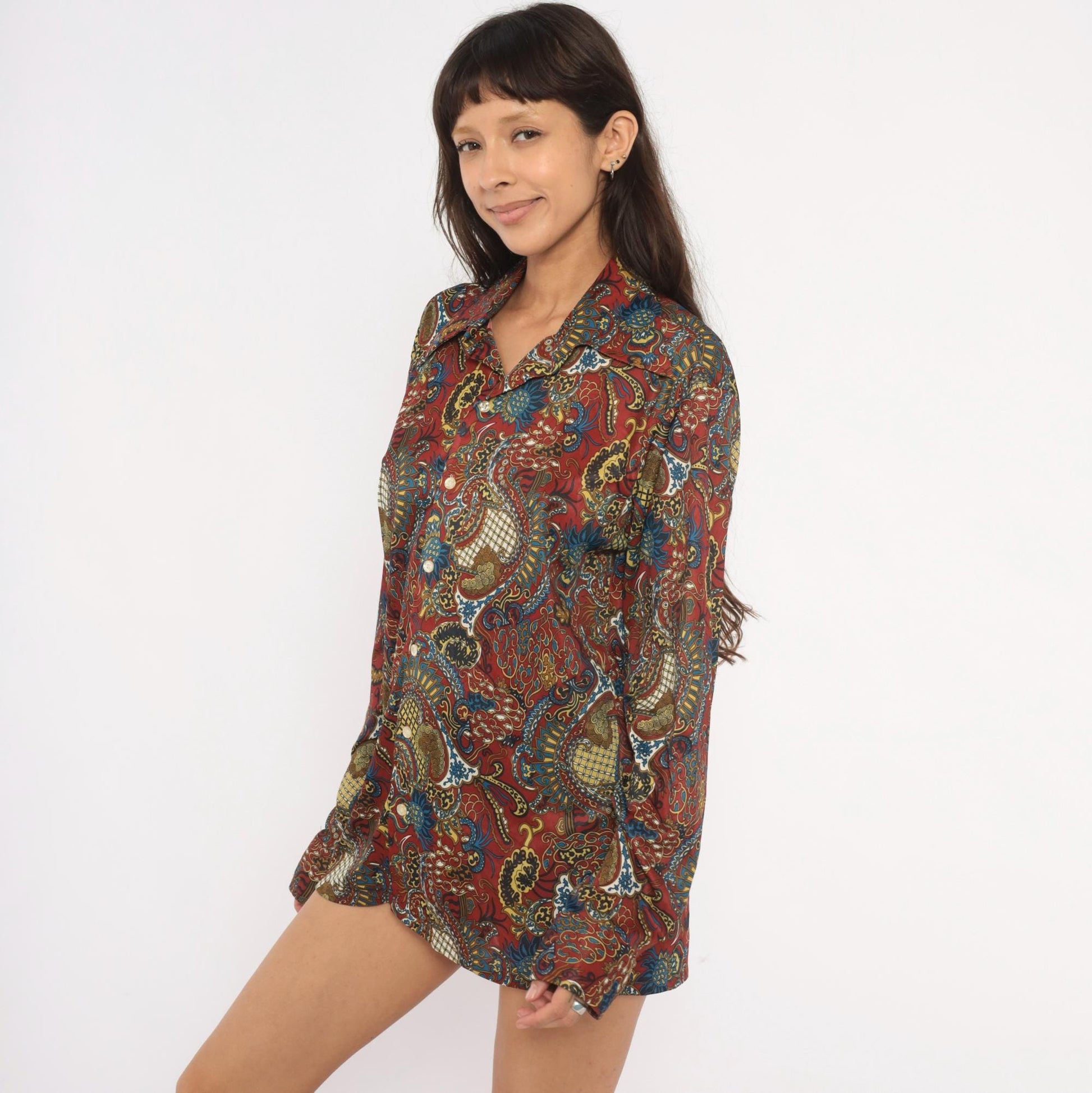 70s Perre La Grande Paisley Button Front Shirt Burgundy Blue Gold Medium