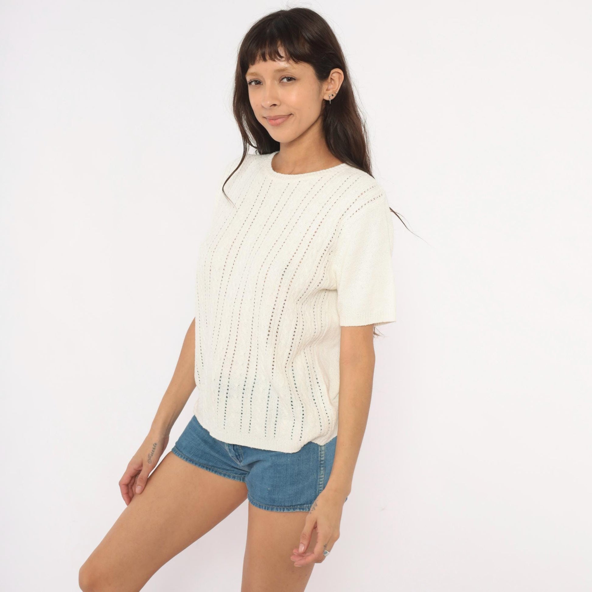 80s Pointelle Cable Knit Pullover Cream Short Sleeve Scoop Neck Large L