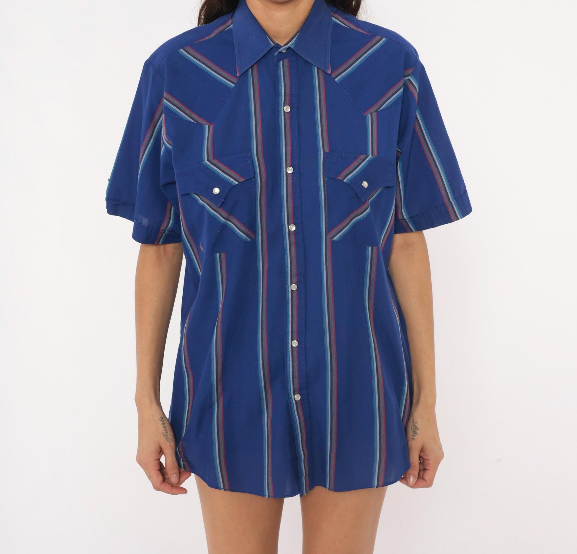 90s Ely Cattleman Western Snap Shirt Cobalt Blue Striped Pearl Button Medium M