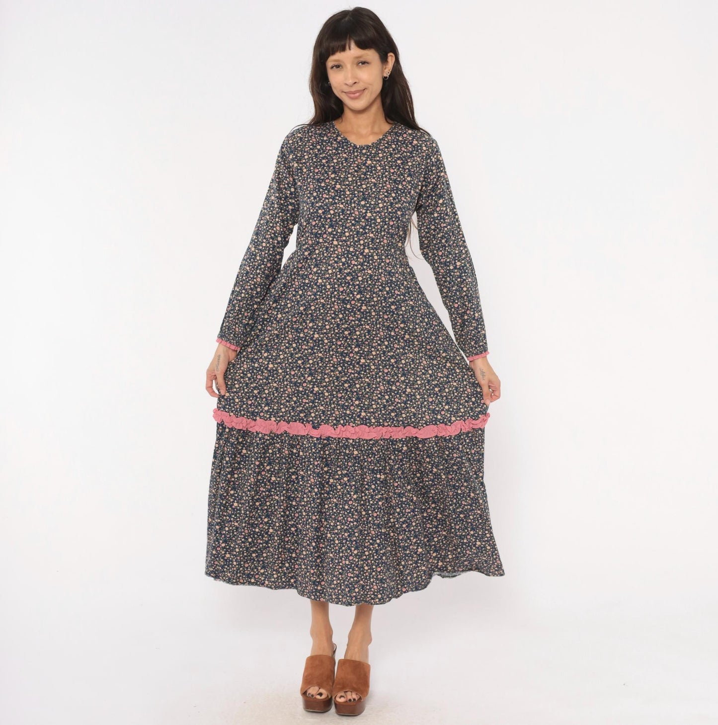 Y2K Indah Navy Floral Maxi Dress Cotton Long Sleeve Ruffle Trim Medium M
