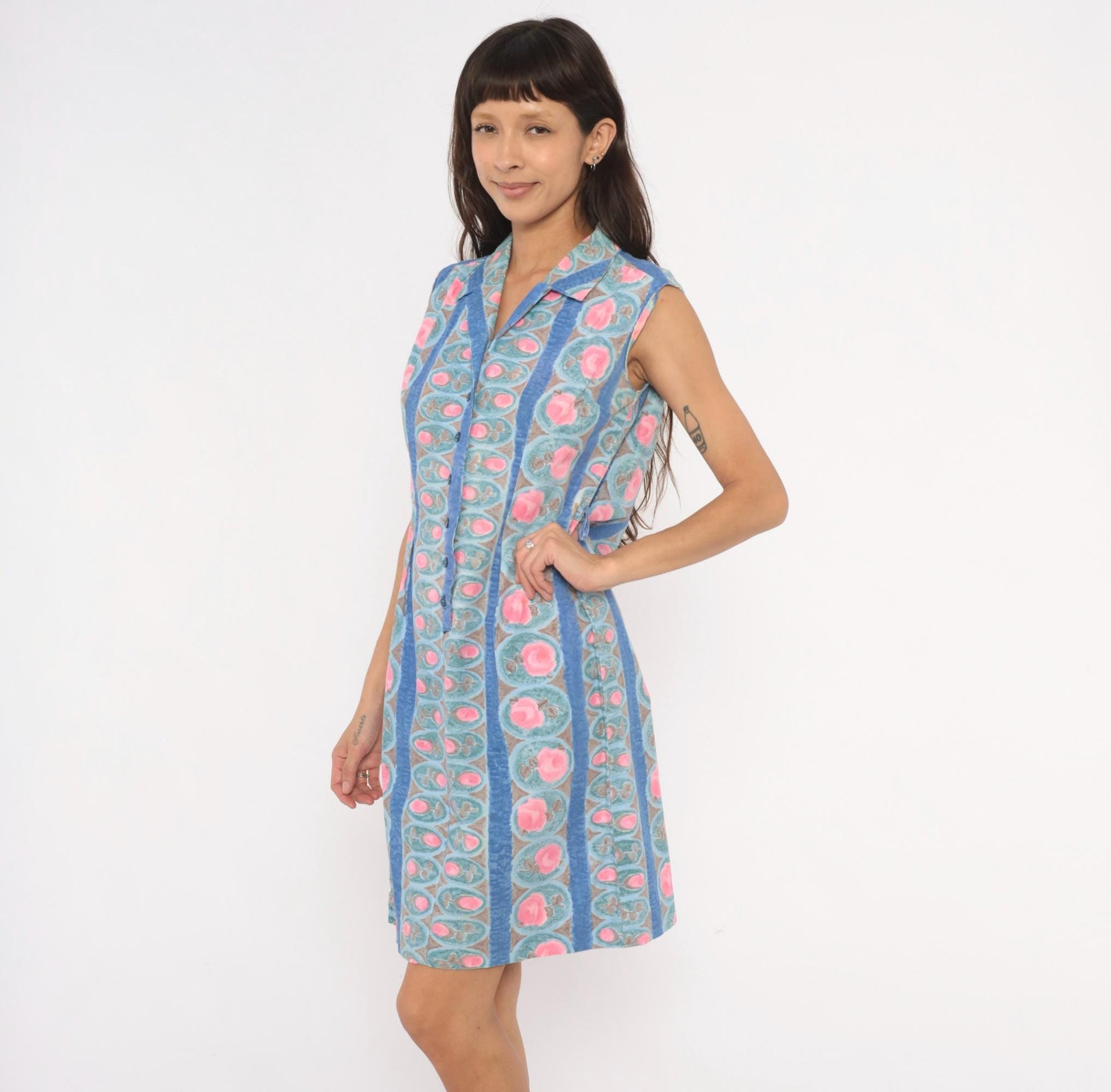 80s Floral Medallion Shirtdress Blue Pink Striped Cotton Sleeveless Medium