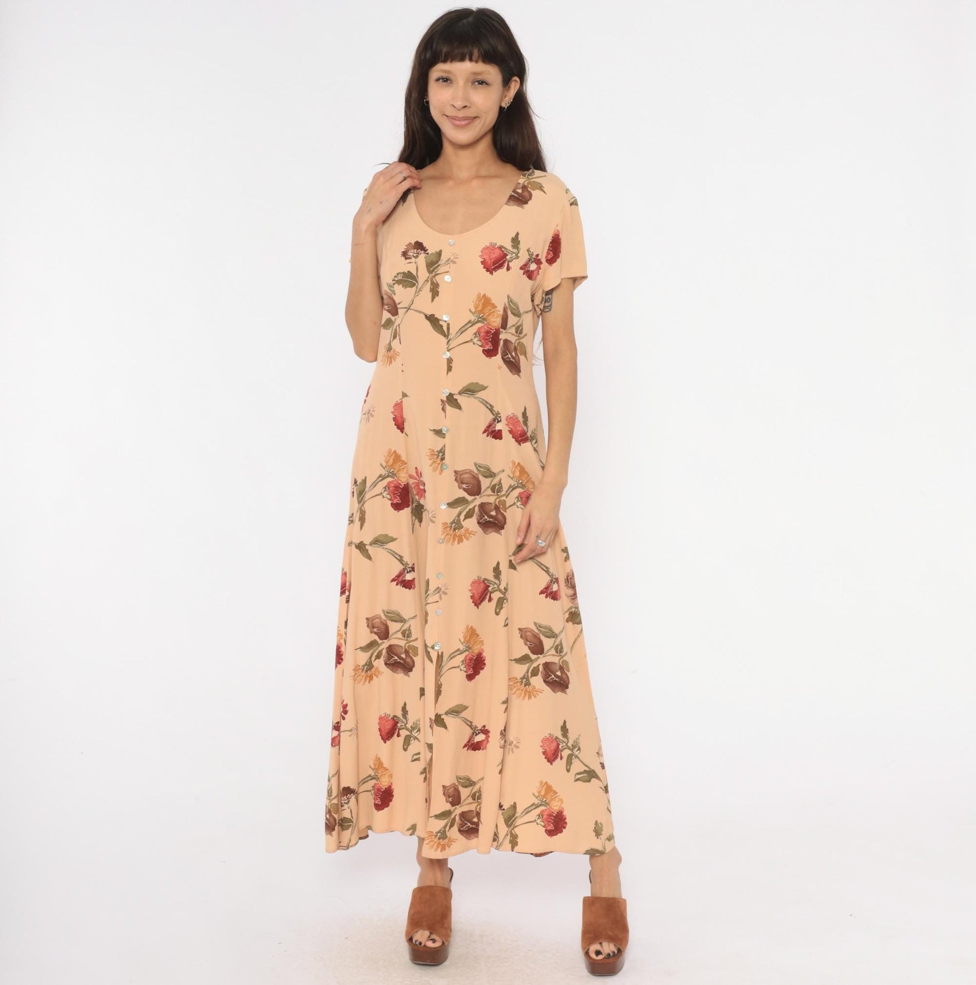 90s Jeffery & Dara Floral Maxi Dress Peach Button Front Scoop Neck Large L