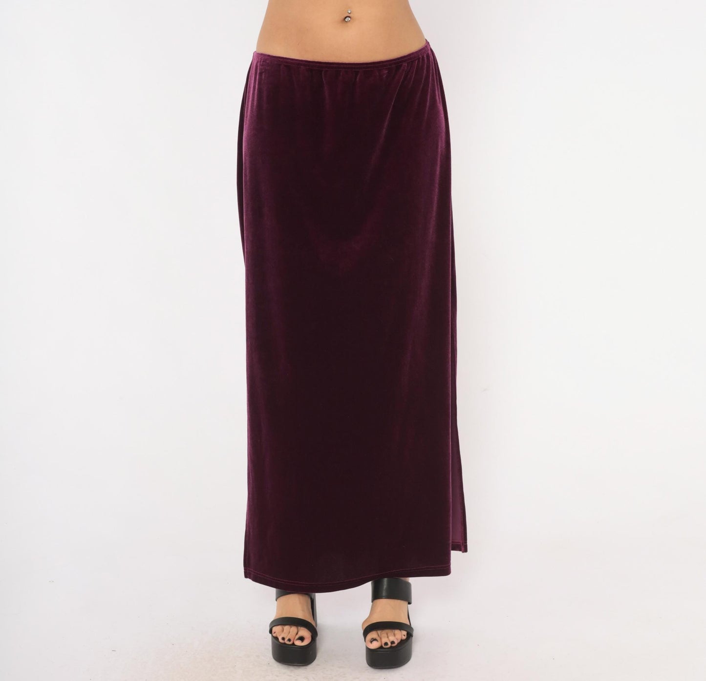2000s Exact Change Plum Velvet Maxi Skirt A-Line Ankle Slit Extra Large XL