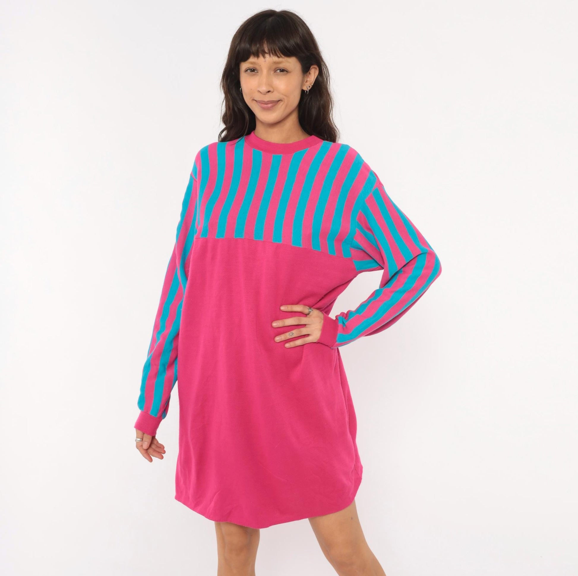 80s Sleep Mates Striped Sweatshirt Dress Hot Pink Teal Knee-Length Small