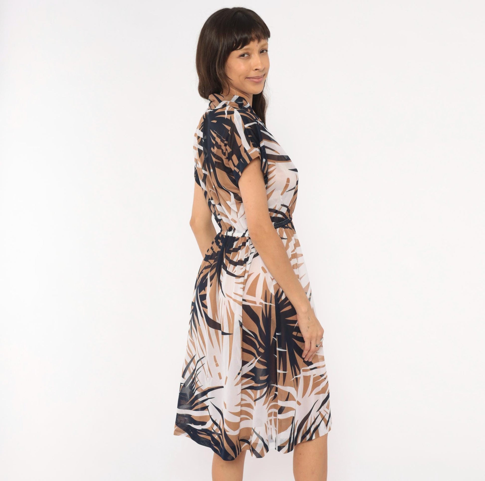 70s Tropical Palm Leaf Wrap Dress Navy Tan Cream Sheer Knee-Length Small Medium