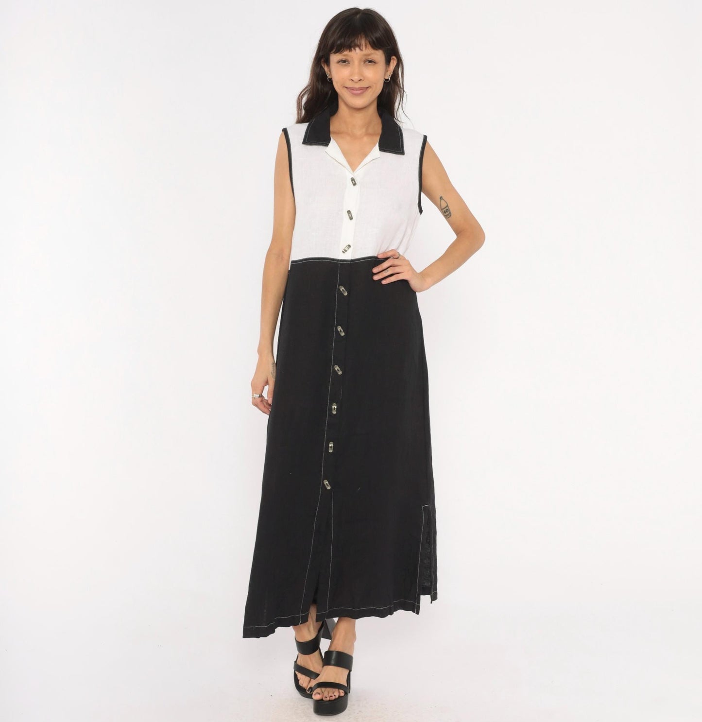 90s Nannette Keller Color Block Maxi Dress Black White Linen Cotton Medium M