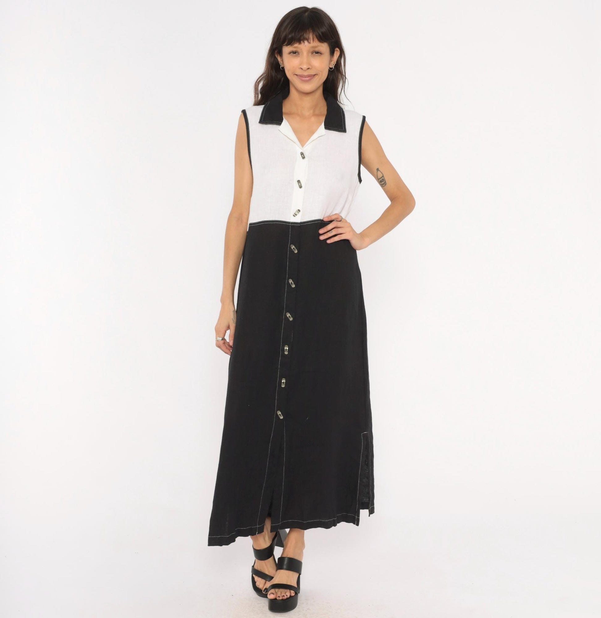90s Nannette Keller Color Block Maxi Dress Black White Linen Cotton Medium M