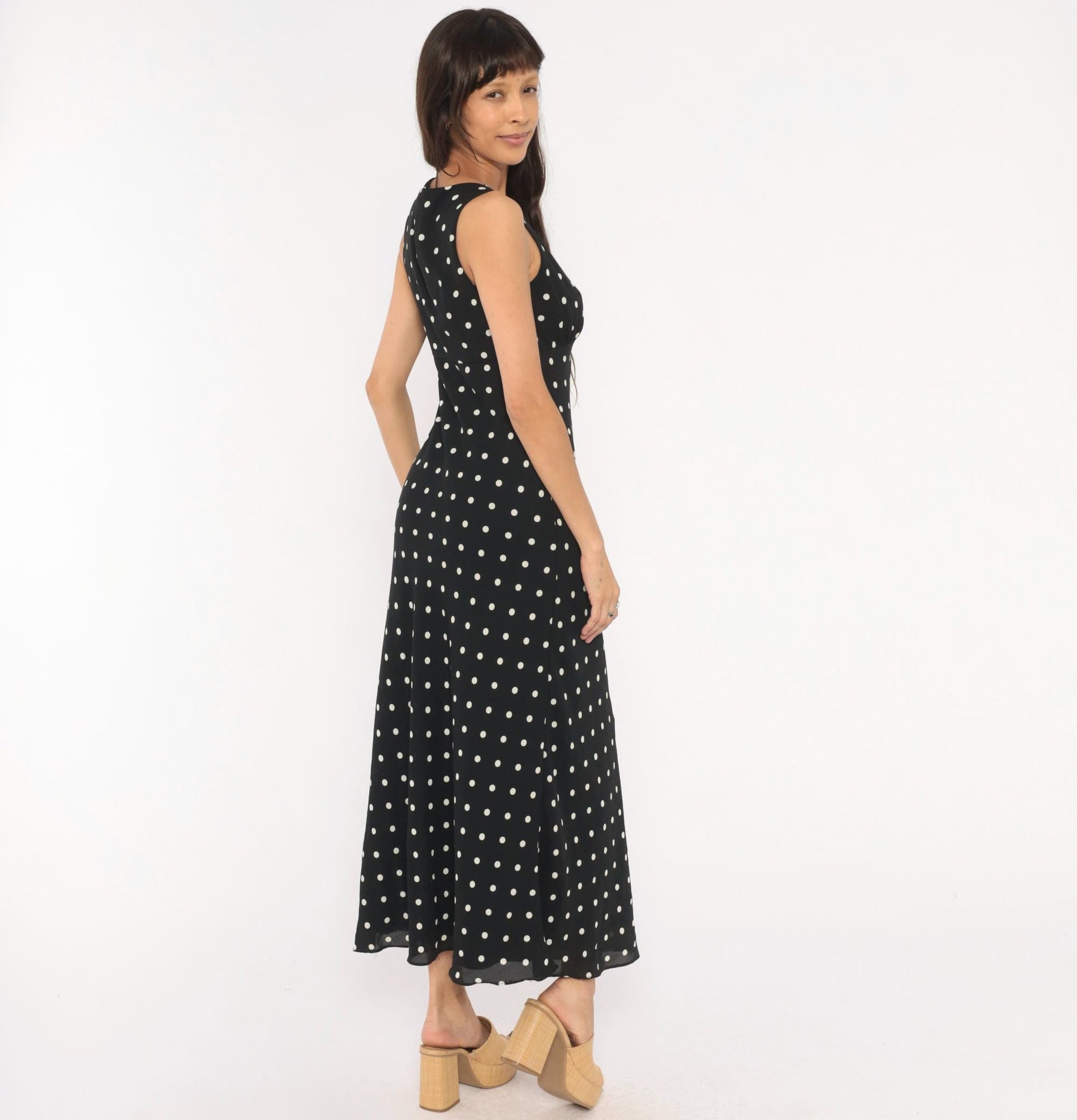 90s Alyn Paige Polka Dot Maxi Dress Black White V Neck Empire Waist Medium M