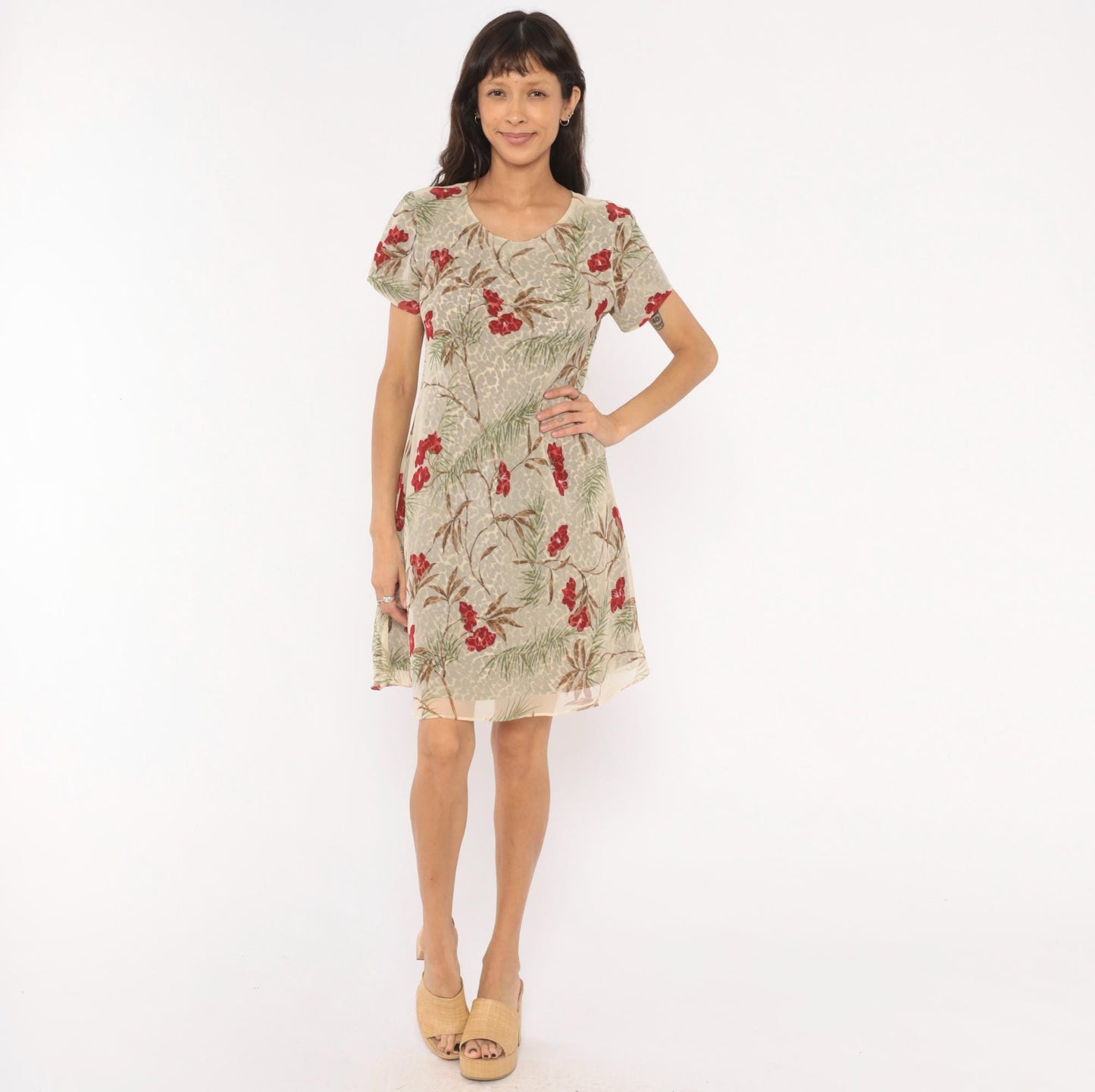 90s Jessica Howard Leopard Floral A-Line Dress Tan Tropical Print Medium M