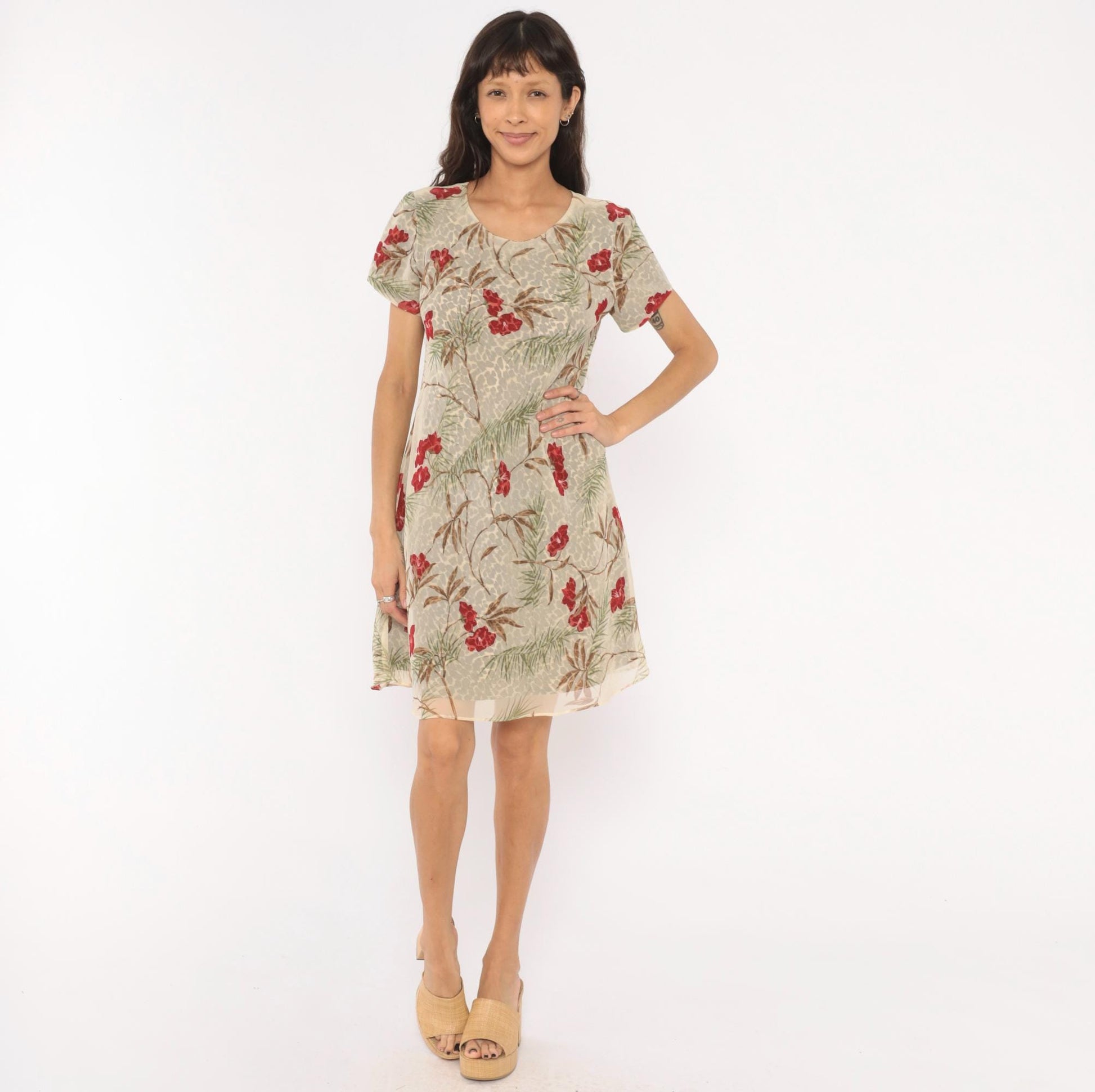 90s Jessica Howard Leopard Floral A-Line Dress Tan Tropical Print Medium M