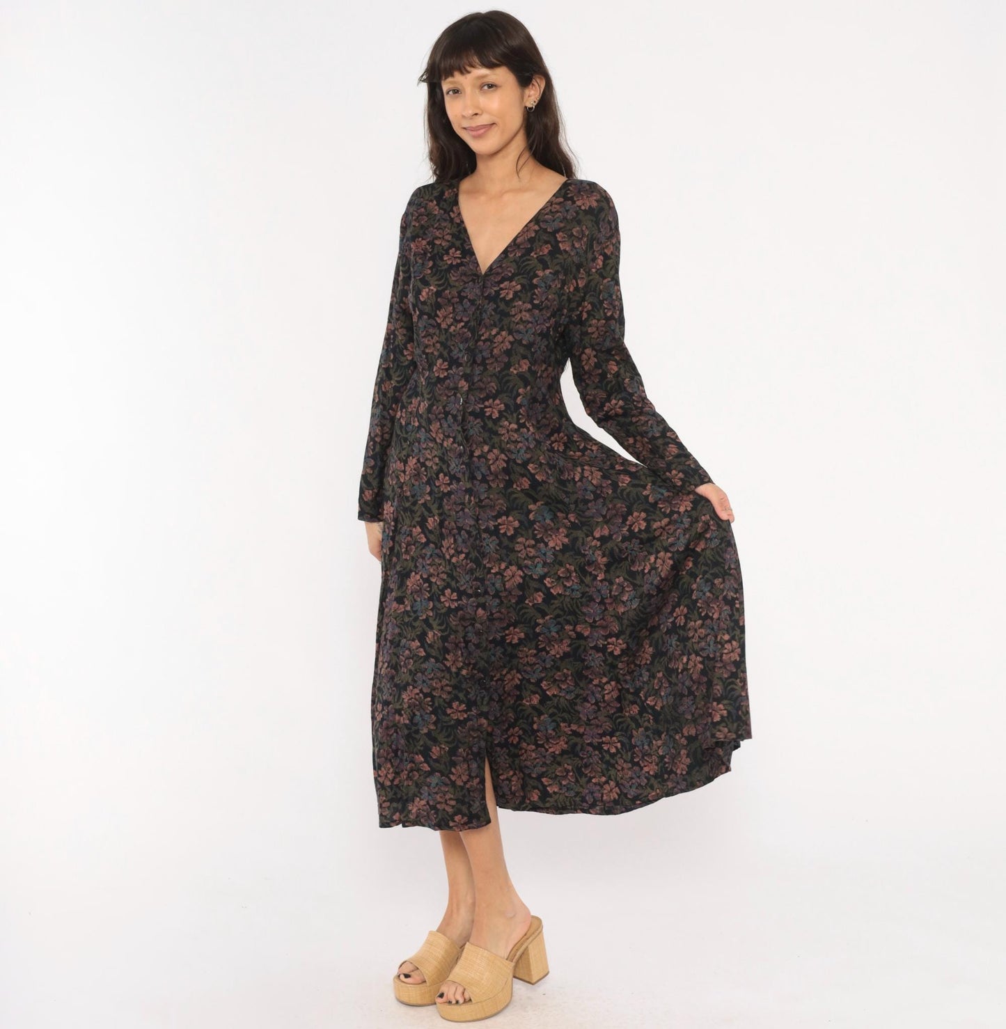90s Dark Floral Midi Dress V-Neck Button Front Long Sleeve Black Large L