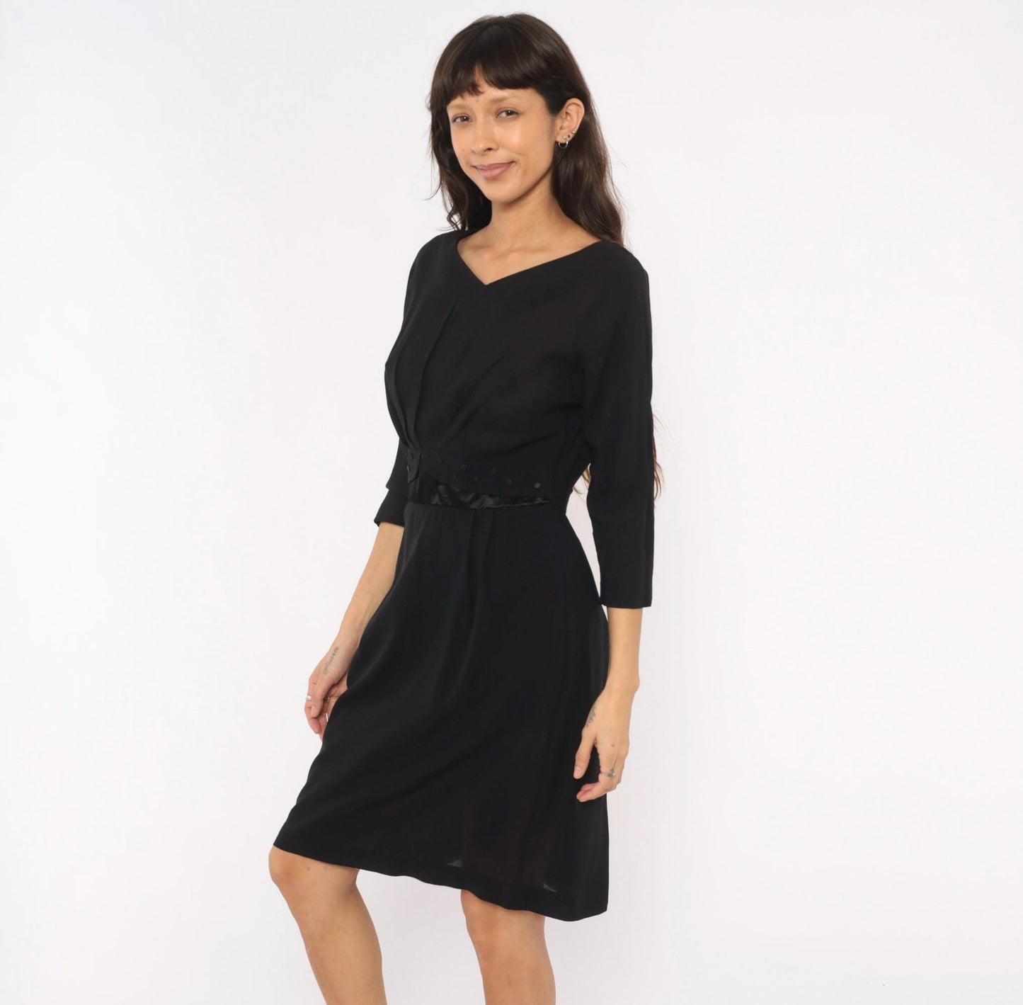 1950s Town Tempo Originals Black Cocktail Dress V-Neck Twist Front Medium M