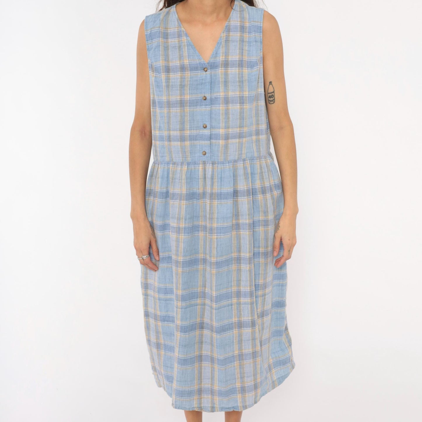 90s Lands' End Blue Plaid Cotton Midi Sundress Button Front Large L