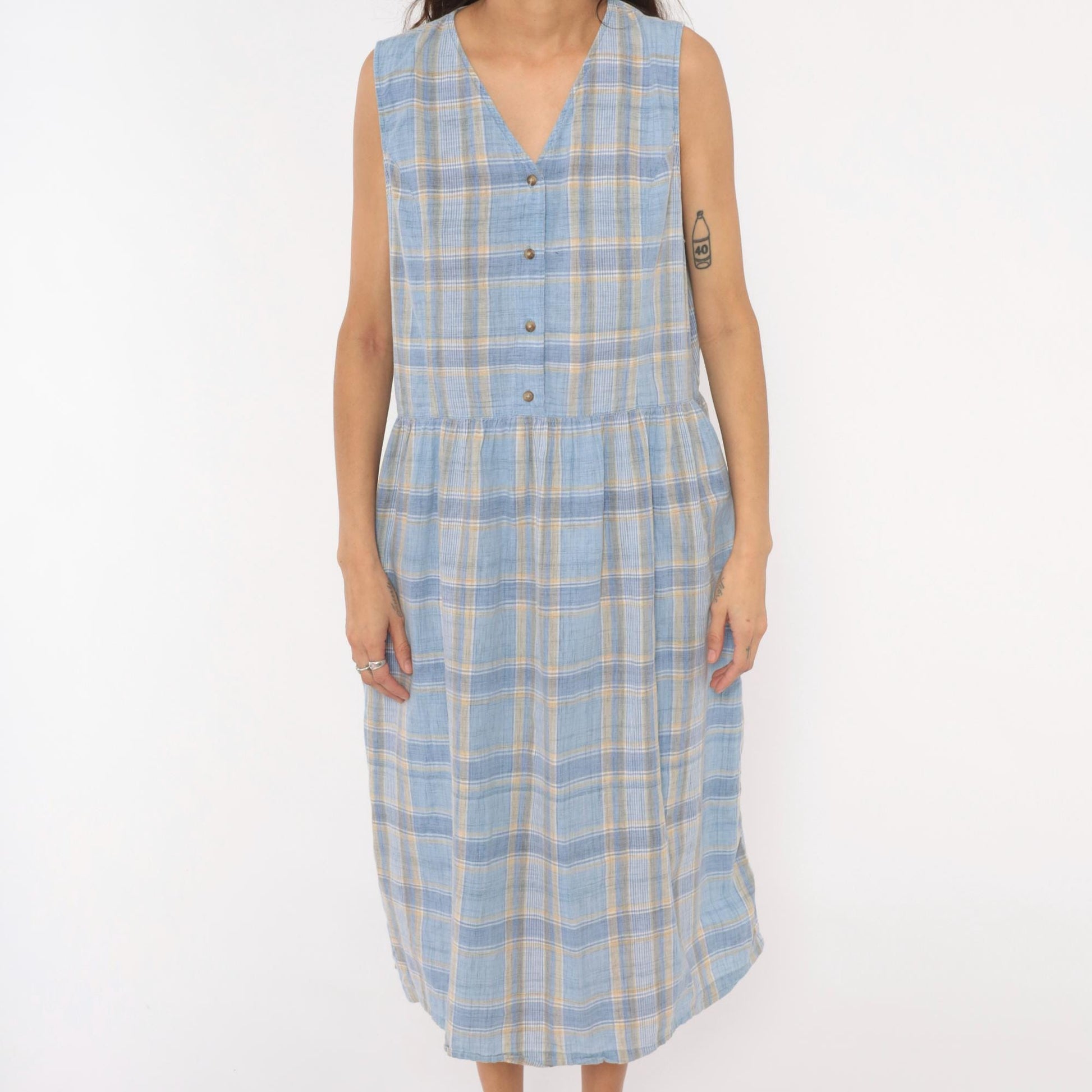 90s Lands' End Blue Plaid Cotton Midi Sundress Button Front Large L
