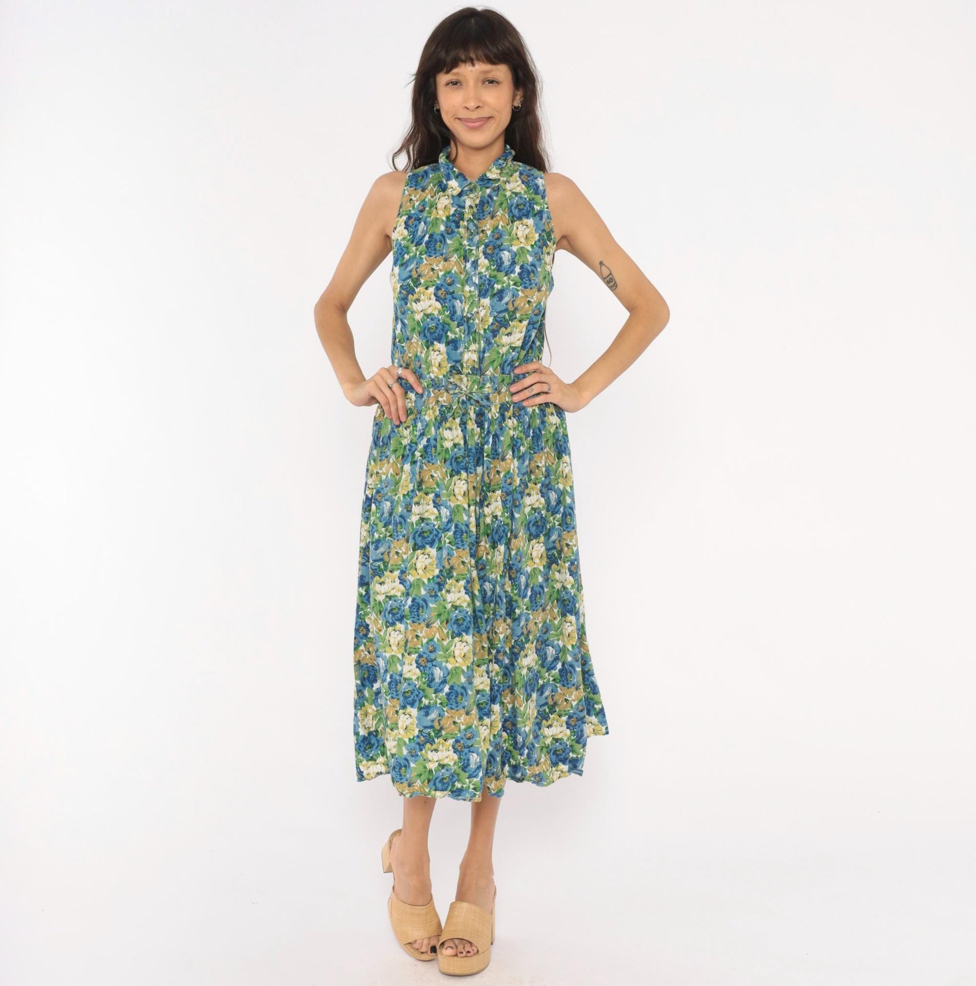 90s Penbrooke Lane Floral Shirtdress Midi Collared Sleeveless Blue Rose Medium M