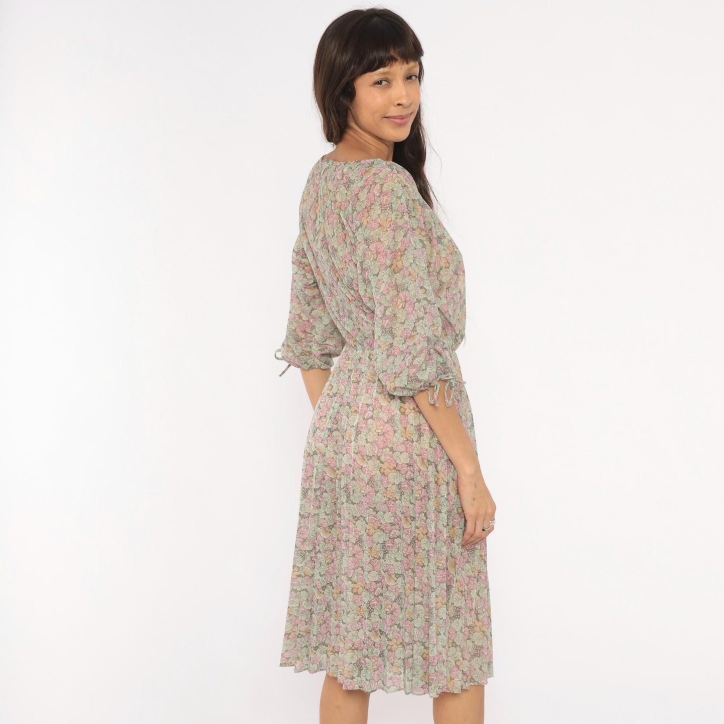 70s Bleeker Petites Floral Blouson Dress Pink Sage Green Tie Sleeve Small Medium