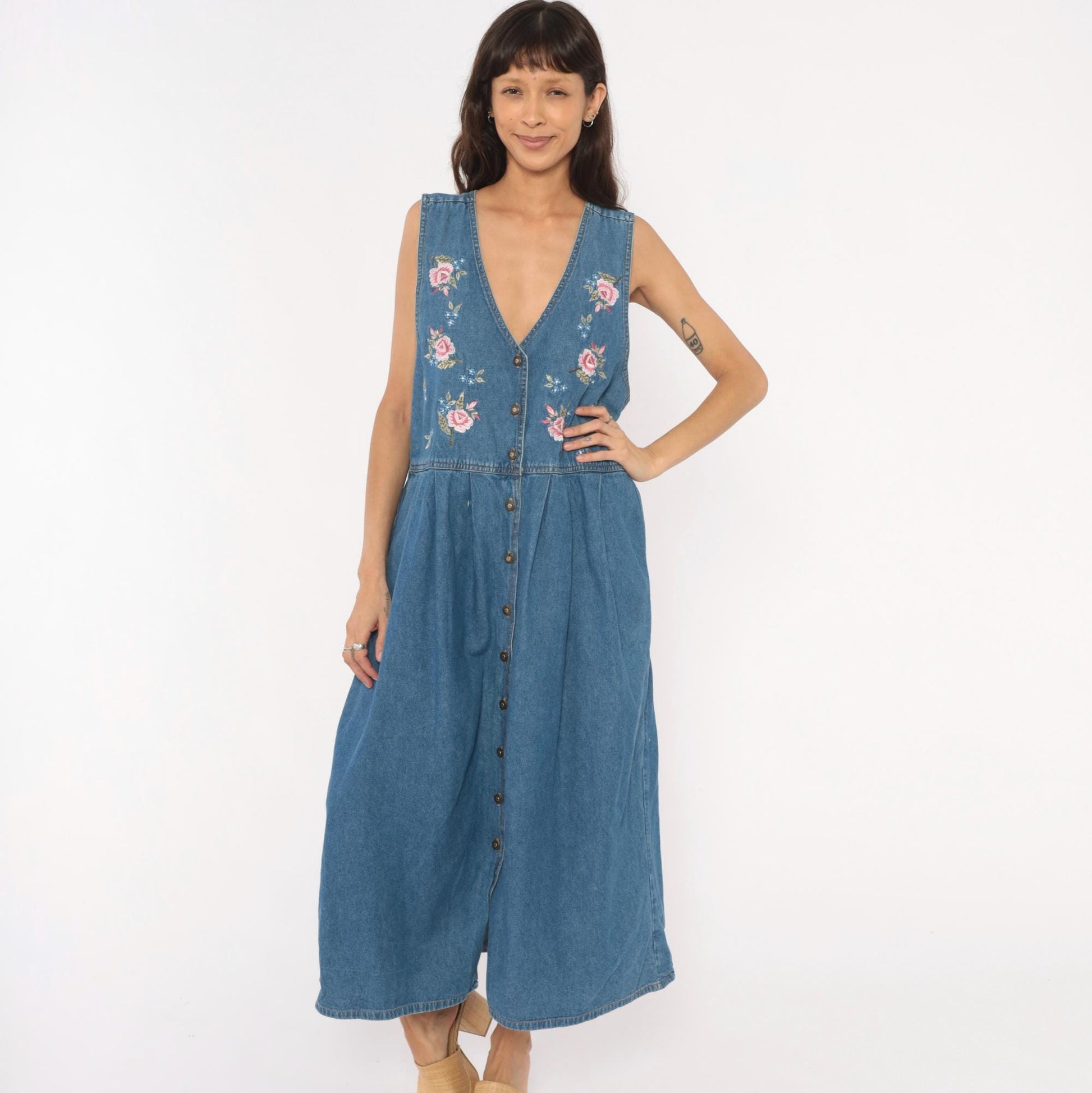 90s Casual Corner Denim Maxi Dress Floral Embroidered V-Neck Button Front Large